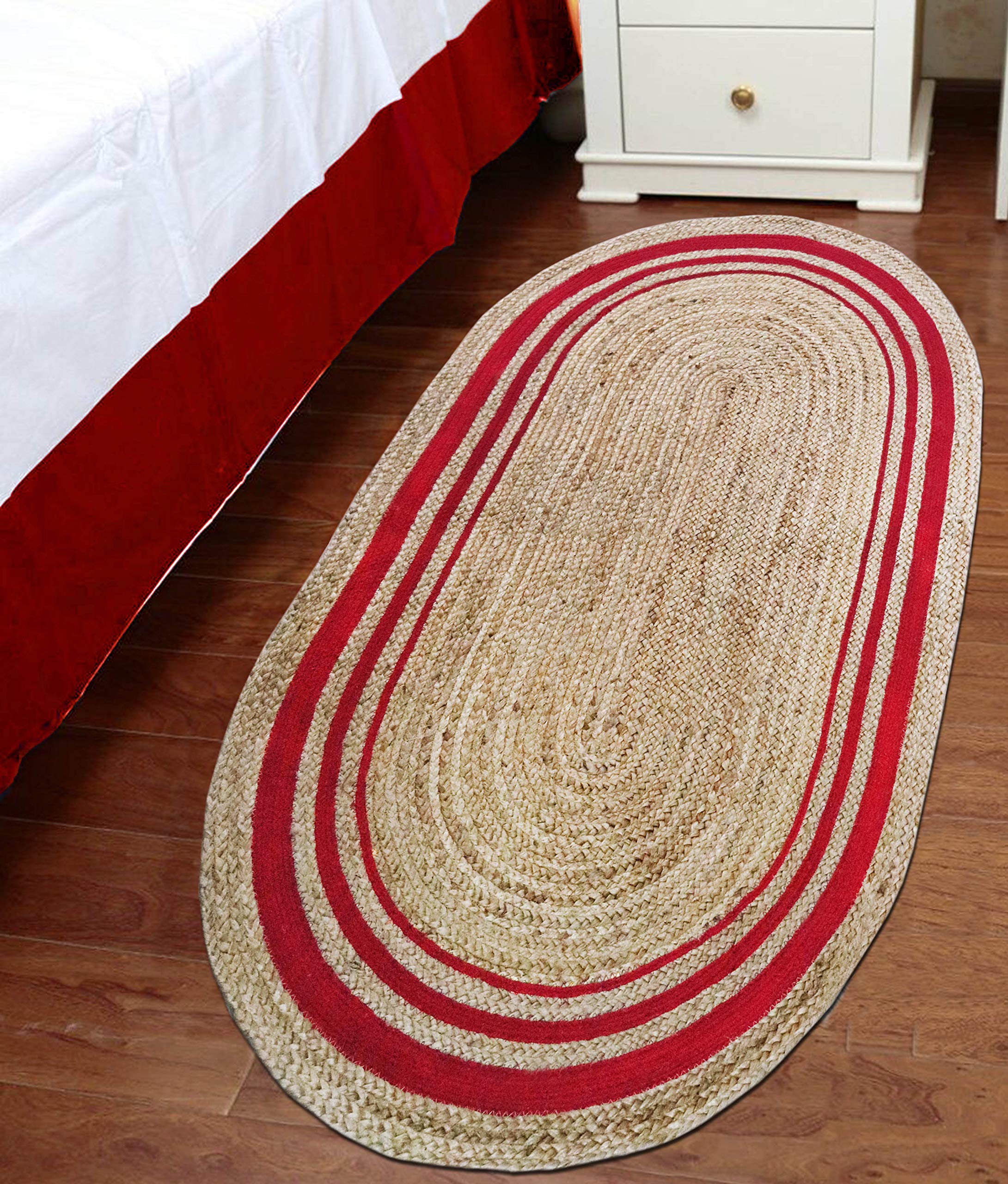 THE HOME TALK Handmade Braided Oval Jute Cotton Rug | Carpets Entrance, Kitchen, Entry Gate, Living Room | Bedside Runner | 2 x 5 Feet | Natural & Red