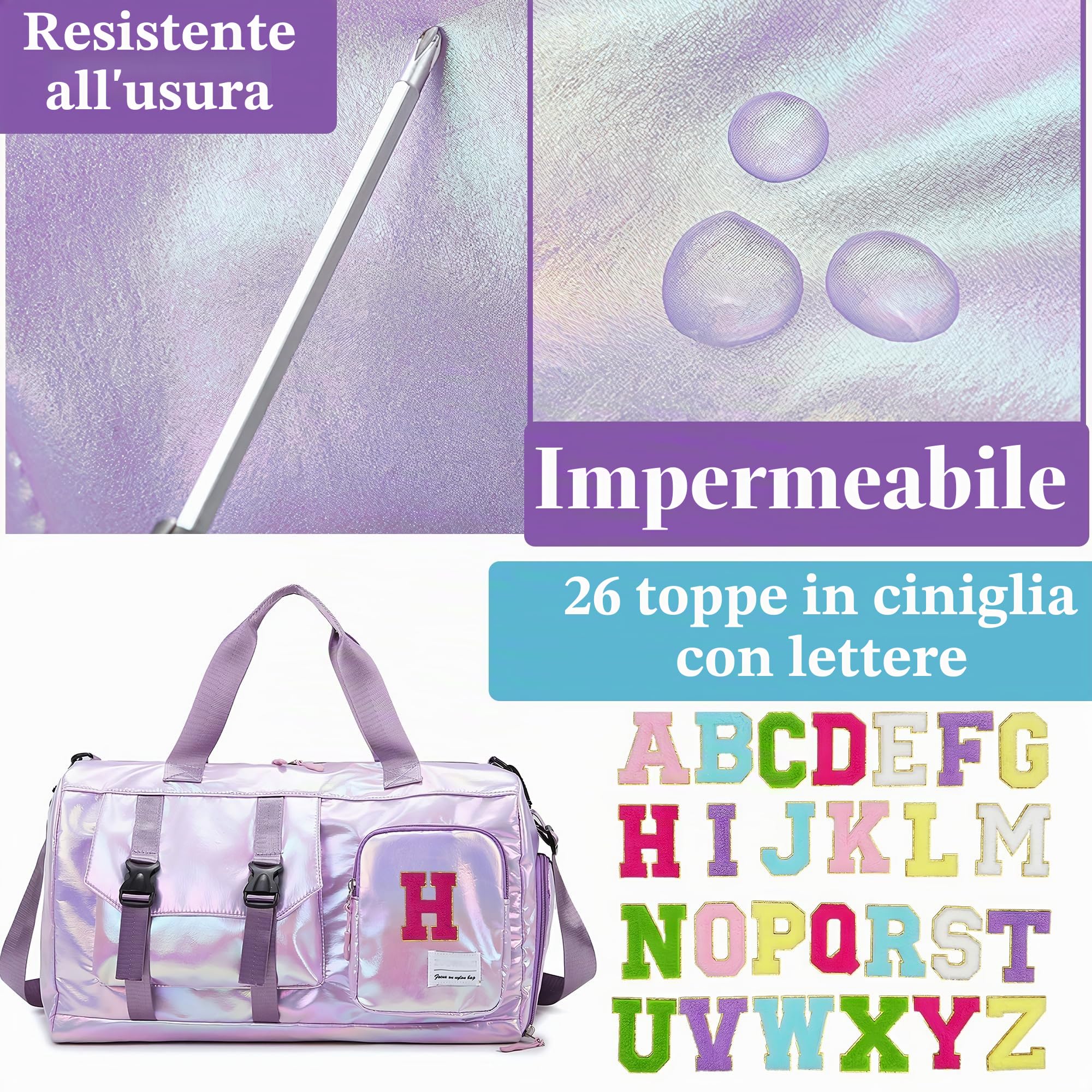 Borsone da Viaggio, Bagaglio a Mano Borsa da Viaggio con Scomparto per le Scarpe,Borsa per Attrezzatura Sportiva con Zip,45 x 26x 21 cm,26 toppe ricamate con lettere Adesivi