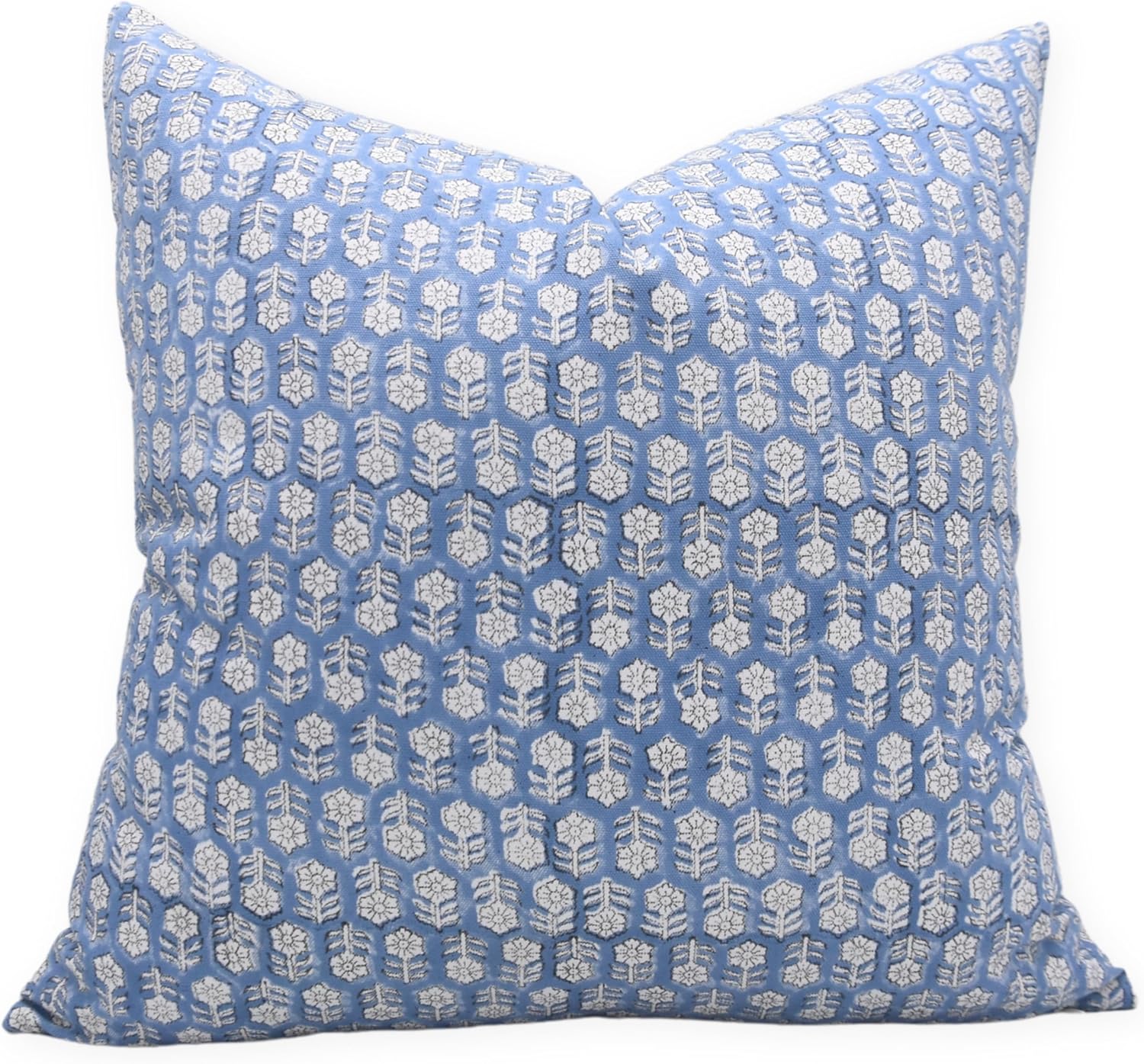 Block Print Thick Cotton White Throw 16X16 Inches Cushion Cover, Handmade Pillowcase for Sofa, Couch, and Bed, Boho Home Decor, Farmhouse Style, Fall Decoration, Tulsi Buti, Blue