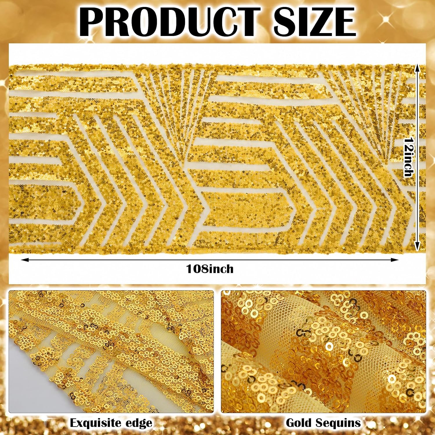 Peryiter 3 Pack White and Gold Sequin Table Runners 12 x 108 Inch Geometric Glitter Sequin Gold Table Runner for Wedding Birthday Party Engagement Baby Shower Decorations