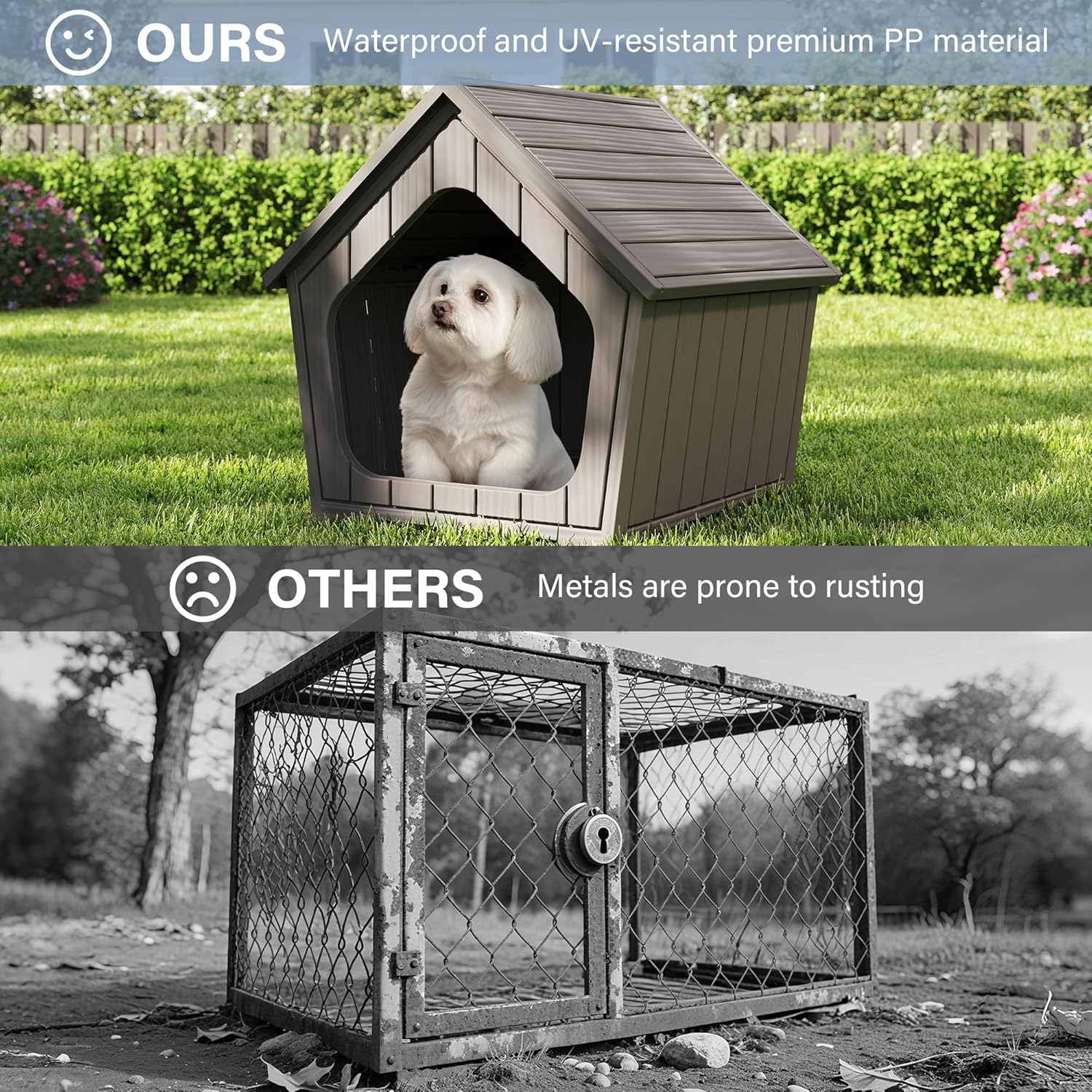 Bifanuo Dog House Outdoor Indoor for Small Dogs - Plastic Pet Shelter, Easy-Assemble & Weather-Resistant for Living Room, Balcony (Grey, 18" L x 22.4" W x 22.2" H)
