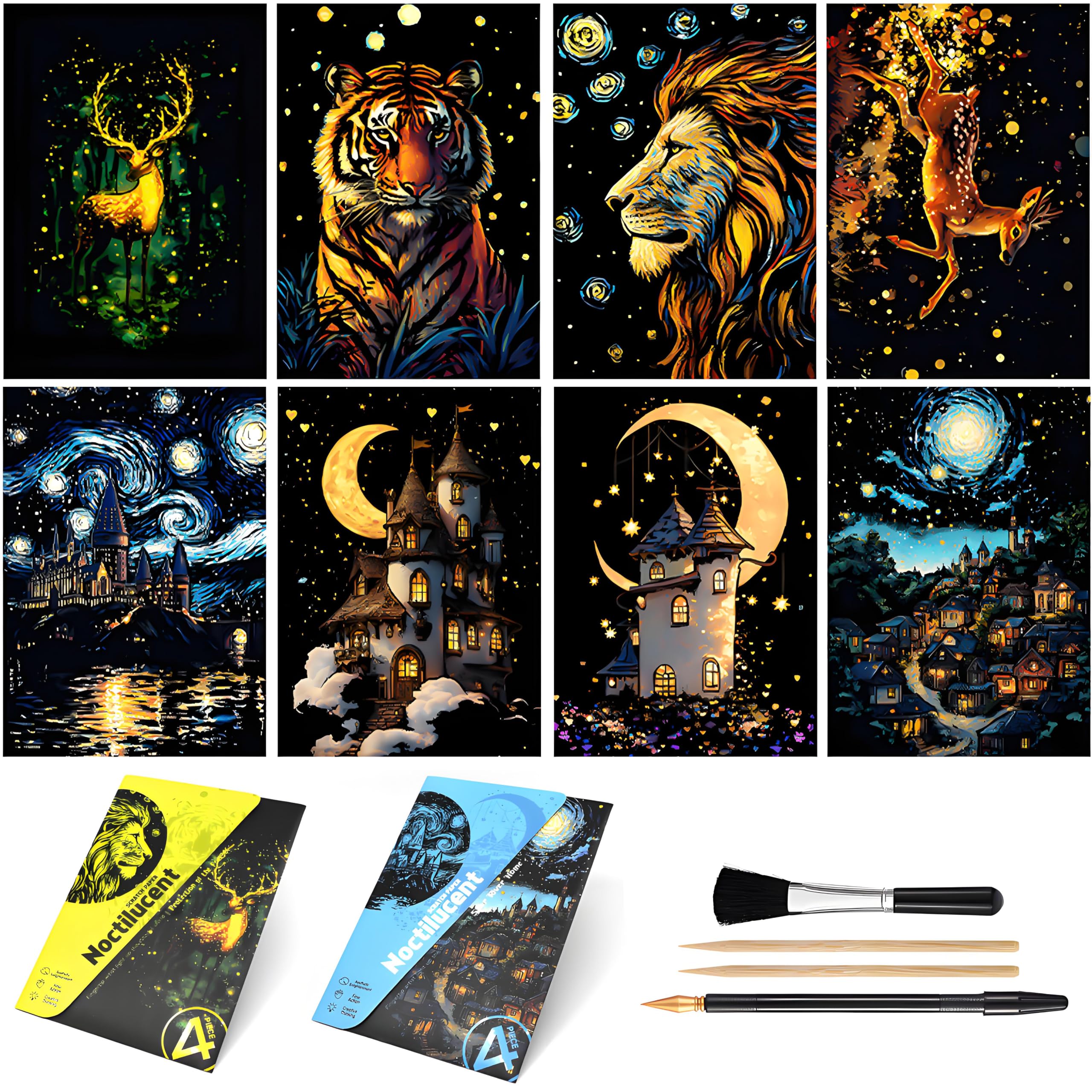 8-Sheet Glow in the Dark Scratch Art Rainbow Painting Paper Kit | Engraving Craft Night View Scratchboard for Teens and Adults | DIY Creative