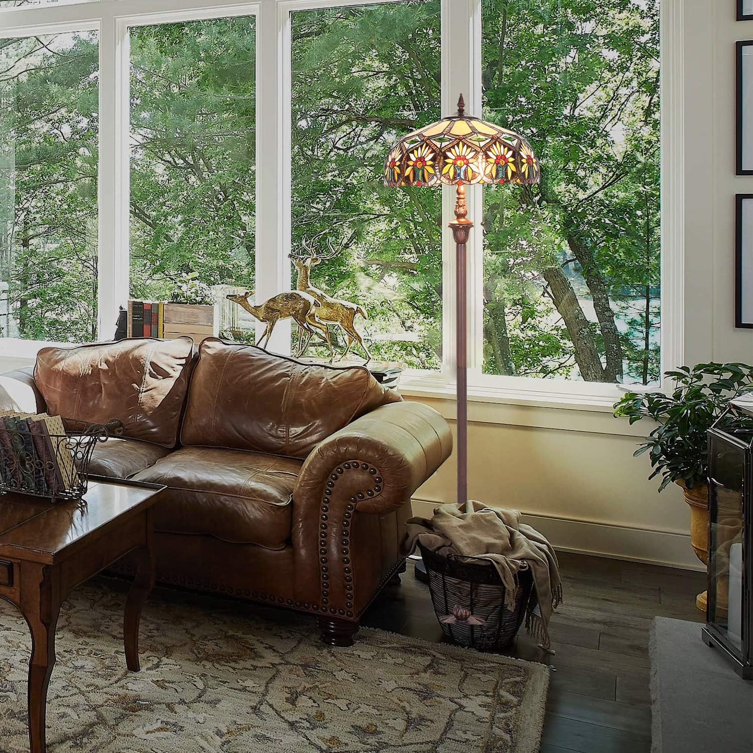 Capulina Tiffany Lamp Stained Glass Floor Lamp 2-Light 16X16X66 Inches Sunflower Tiffany Style Standing Floor Lamp for Living Room Bedroom Home Office