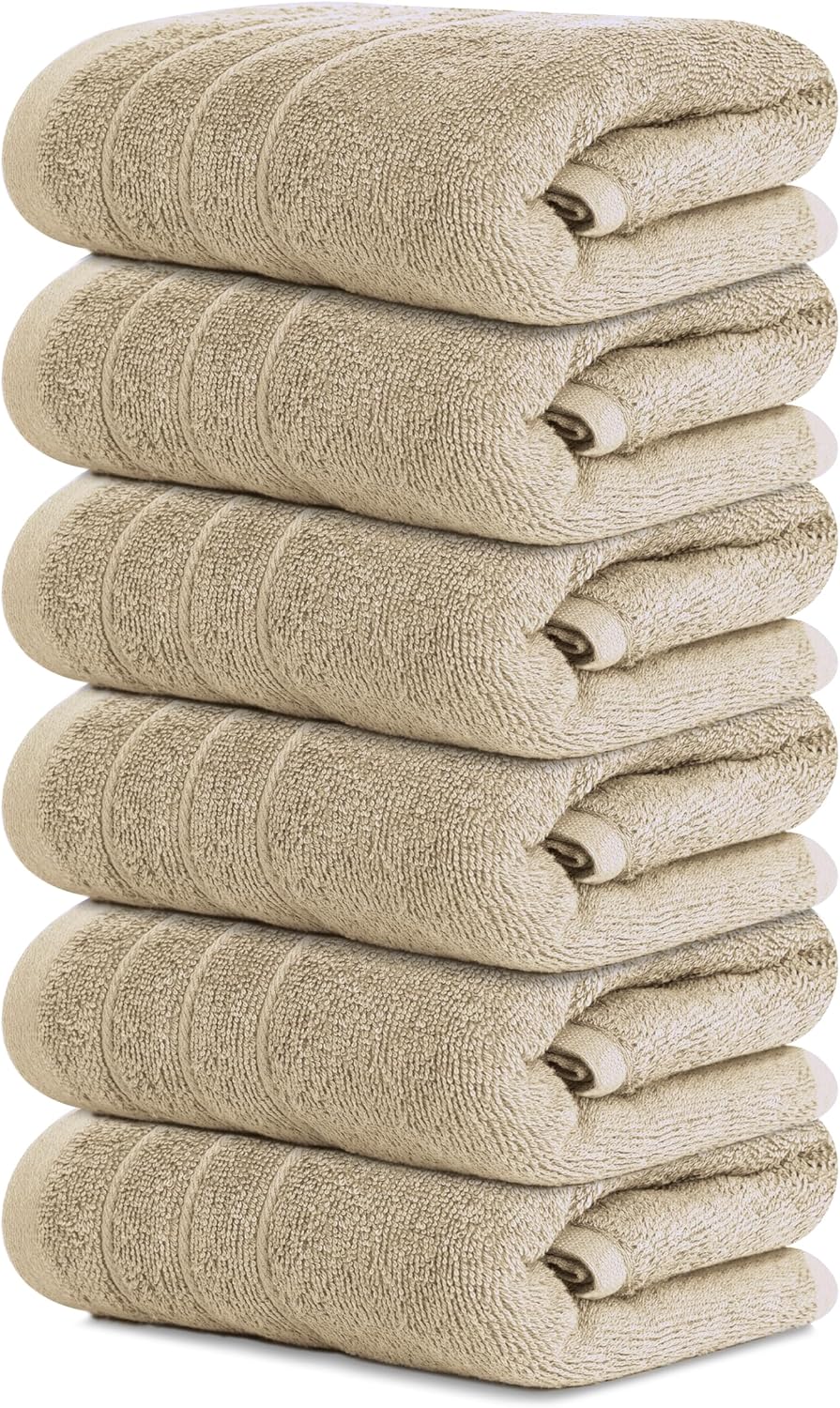 Tens Towels Pack of 6 Hand Towels, 100% Cotton, Lighter Weight, Quick to Dry, 16 x 28 Inches, Super Soft & Absorbent, Perfect for Bathroom & Kitchen (Beige)