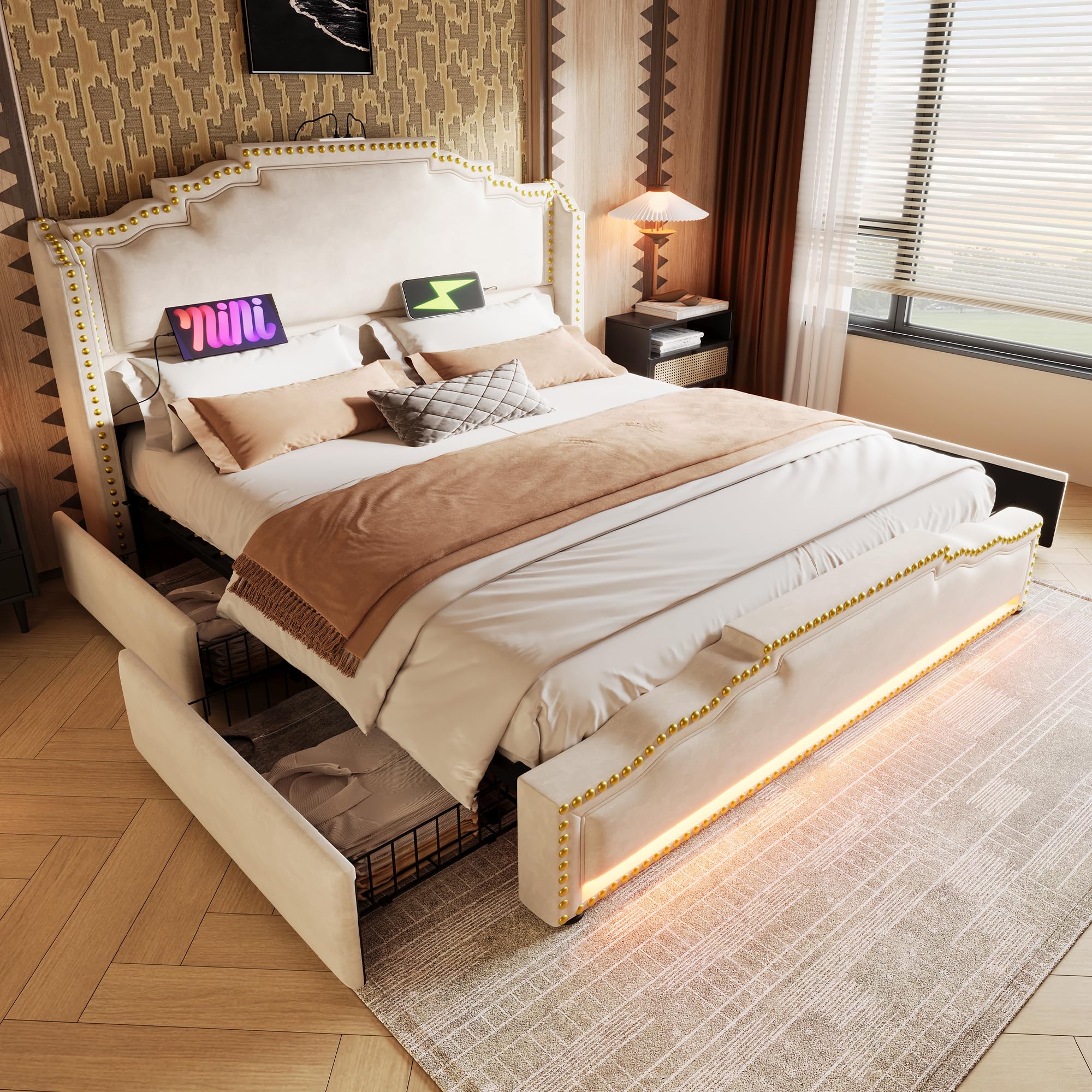 Letto Matrimoniale 180x200 con LED e USB, Letto una piazza e mezza con 4 cassetti, Letto Imbottito con rete a doghe e testiera, Struttura Letto Matrimoniale in Velluto Beige (Senza Materasso)
