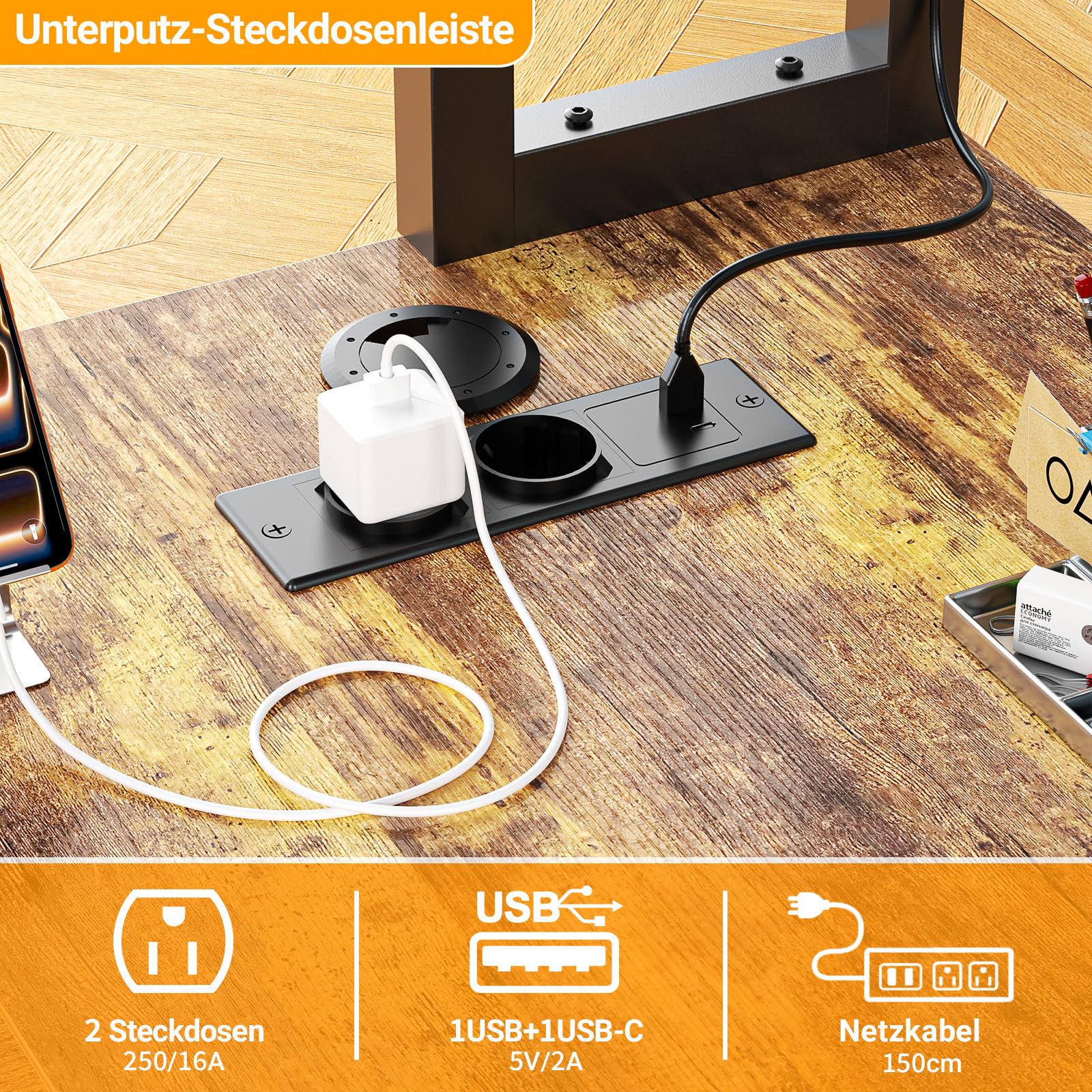 Homieasy 150cm L-Form Eckschreibtisch, Schublade & LED, Rustikales Braun | Steckdosen, USB & Type-C, Monitorständer & A4 Ablage, Reversibel, Platzsparend, Metallgestell, MDF