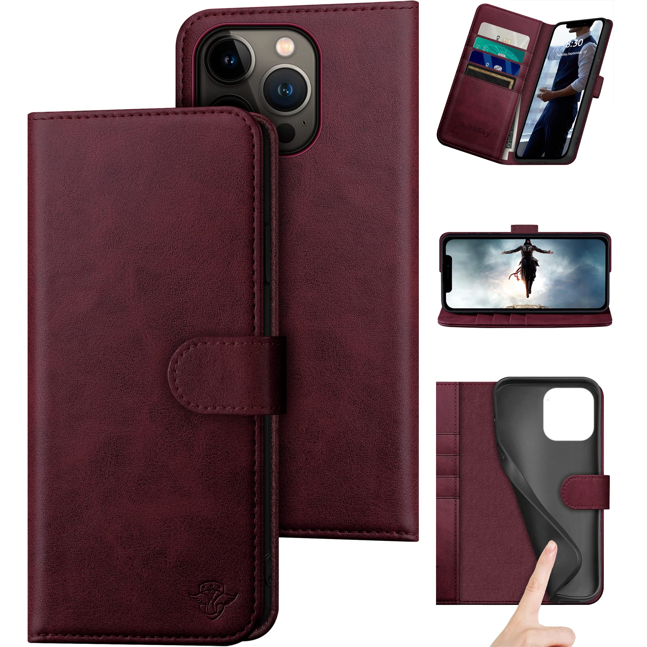 DuckSky for iPhone 14 Pro Max 6.7" Genuine Leather Wallet case【RFID Blocking】【4 Credit Card Holder】【Real Leather】 Flip Folio Book Protective Cover Women Men for Apple 14 ProMax 5G Phone case Wine Red