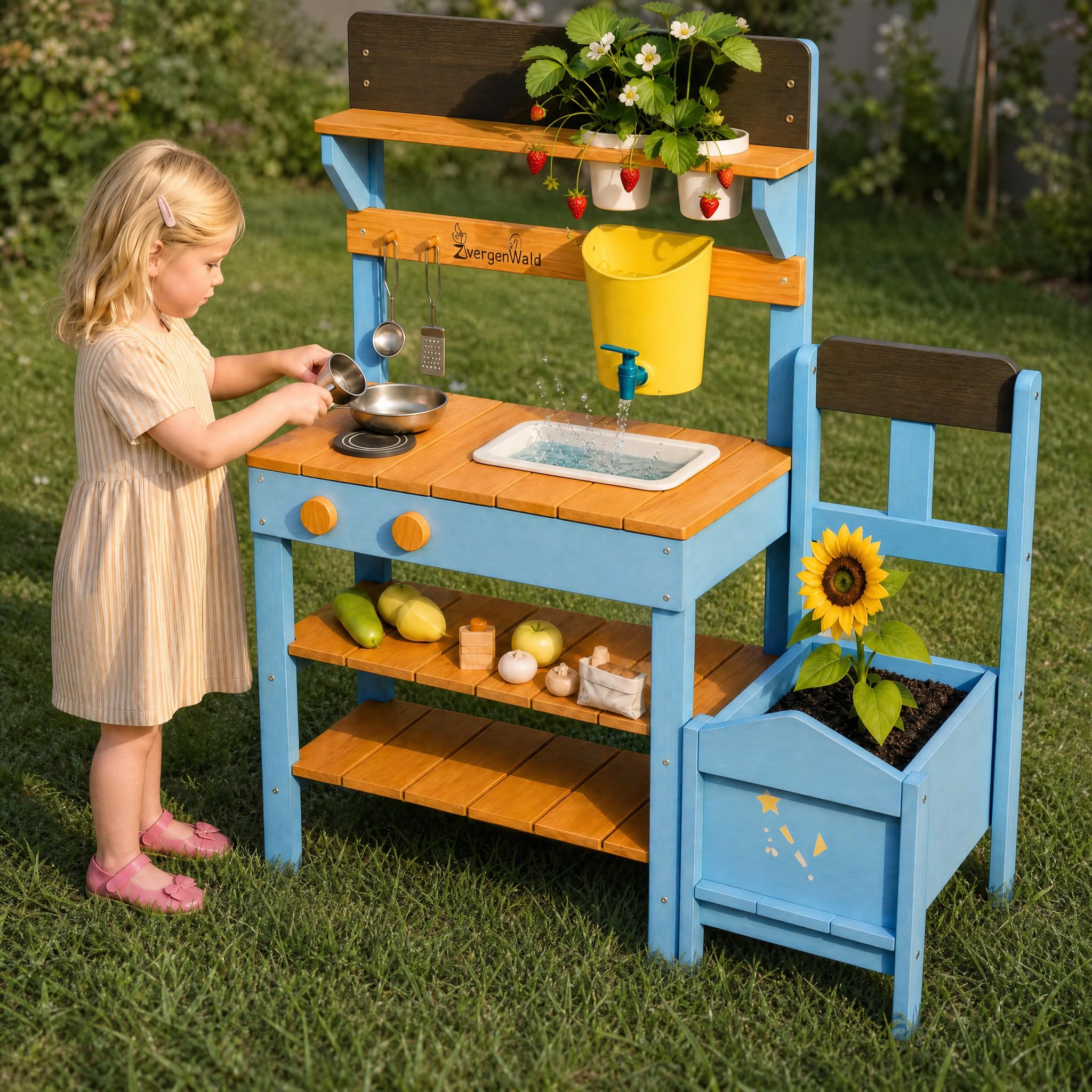 Matschküche Kinder Outdoor mit Wassertank & Spülbecken, mit Pflanzkasten, Mud Kitchen Holz, Spielküche Outdoor Höhenverstellbar, Matschtisch Kinder, Kinderküche Holz Wetterfest