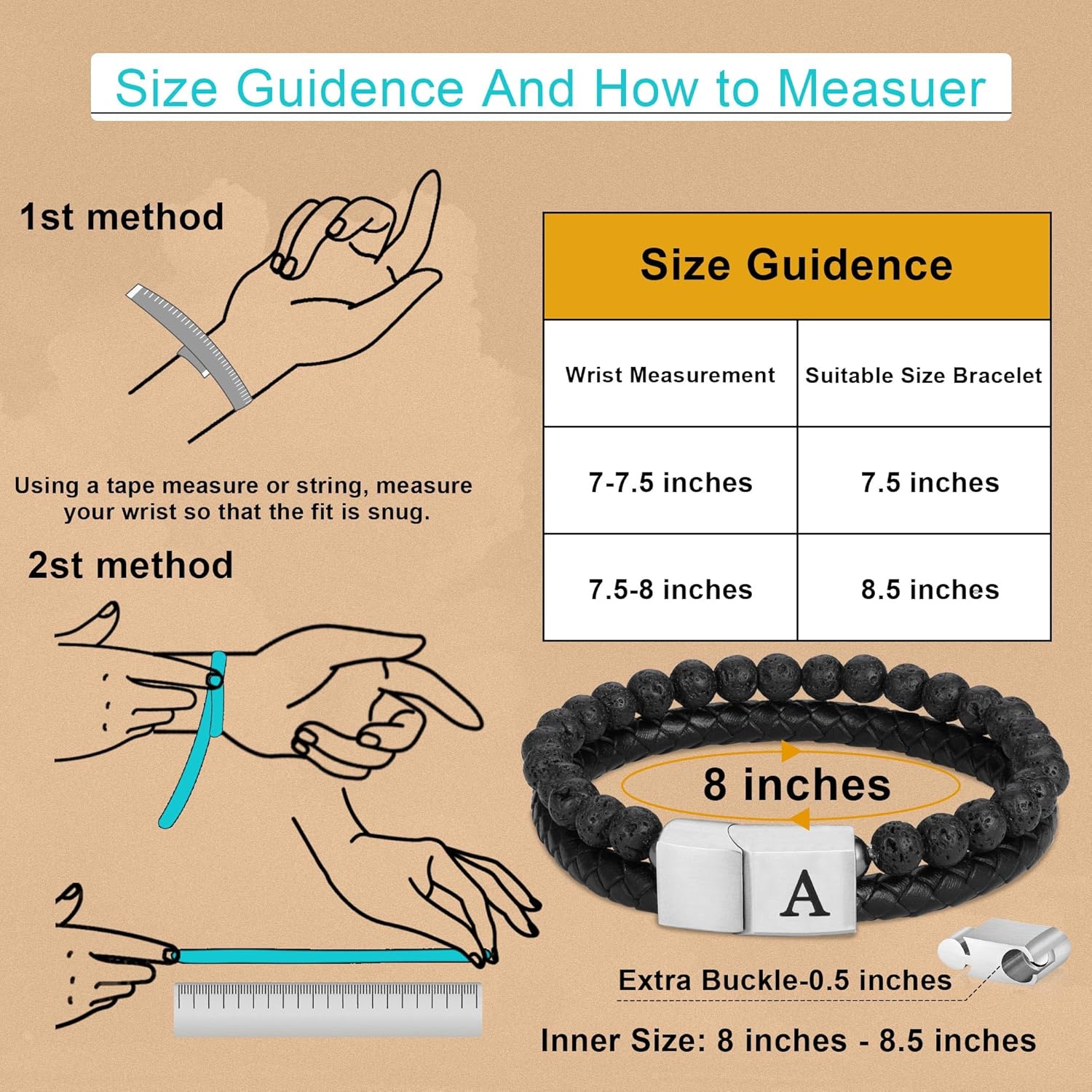 Leather Bracelets for Mens Gifts - Premium Genuine Leather Natural Lava Rock Adjustable Stainless Steel Magnetic Clasp Mens Initial Bracelet, Unique Gifts for Men Husband Dad Son - Image 5