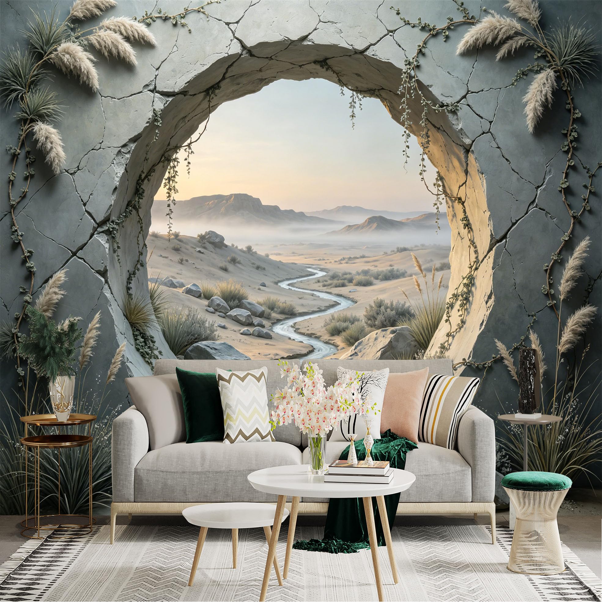Custom Size Wall Sticker Mural， Desert Landscape with River， Rocky Arch and Mountains， for wall Decoration， peelandstick wall Decals.