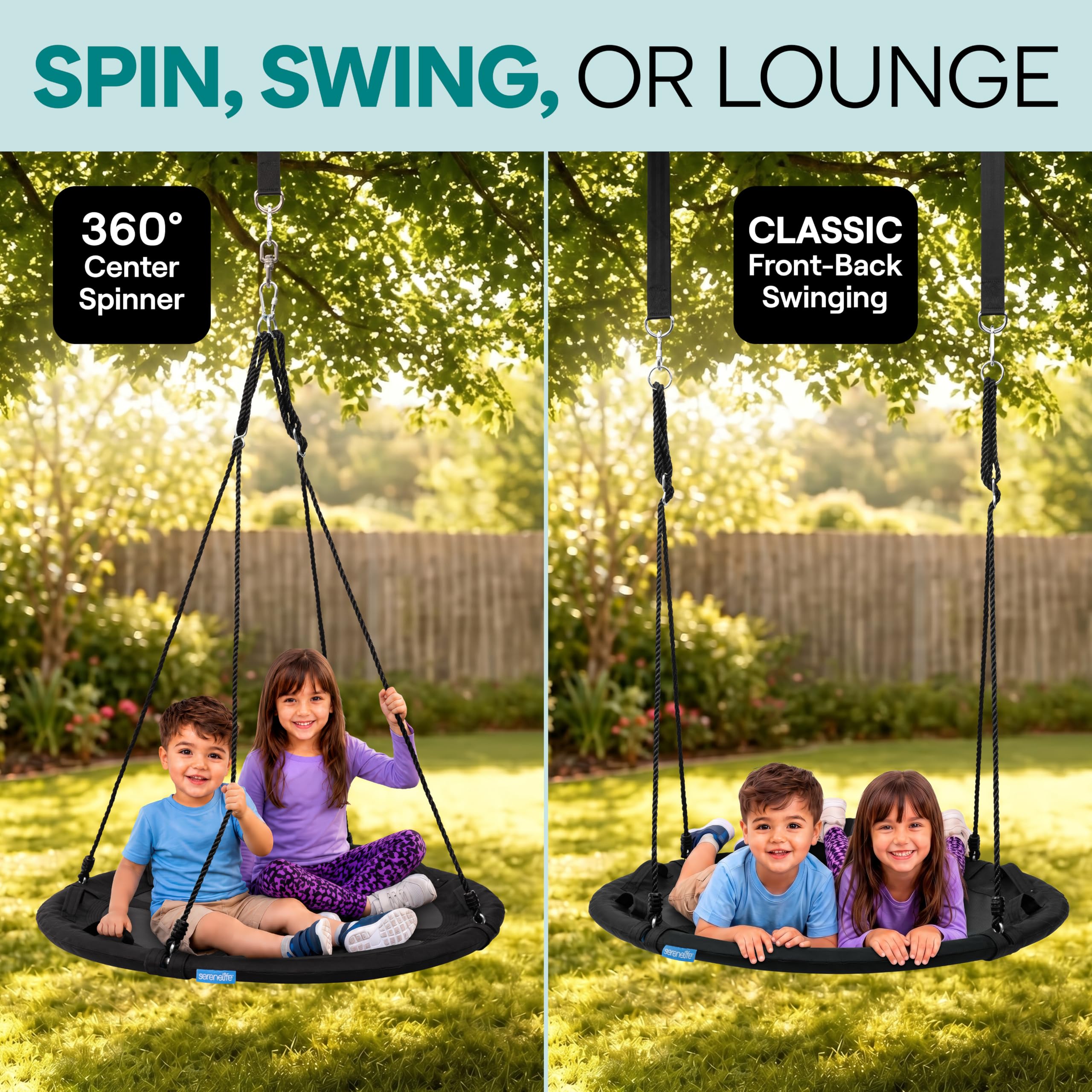 SereneLife Balançoire Nid Géante 100 cm, kit Suspension & Pivot Central, balançoire rondearbre extérieure, Cordes, Cadre Acier, siège Polyester pour Enfants – Noir