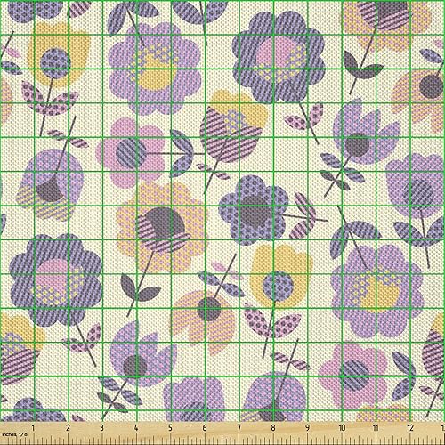 Miniatura 2 de Ambesonne Spring Fabric by The Yard, Graphic Flowers as Daisies and Tulips with Stems and Leaves Illustration, Decorative Satin Fabric for Home