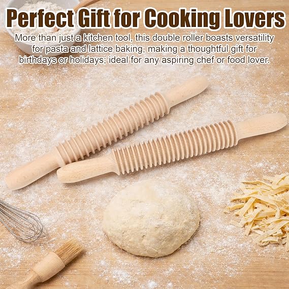 2Pcs Wooden Pasta Cutter, 5mm Tagliatelle & 7mm Fettuccine Noodle Roller, Rolling Pin for Pasta, Wood Homemade Dough Maker Cutting Wheel, Easy Use Kitchen Cooking Tool