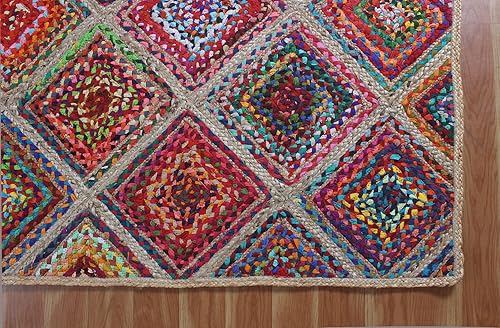 Miniatura 7 de CASAVANI Alfombra trenzada 100% ecológica hecha a mano, multiusos, geométrica, multicolor, yute y algodón, los mejores usos para pasillo, entrada,