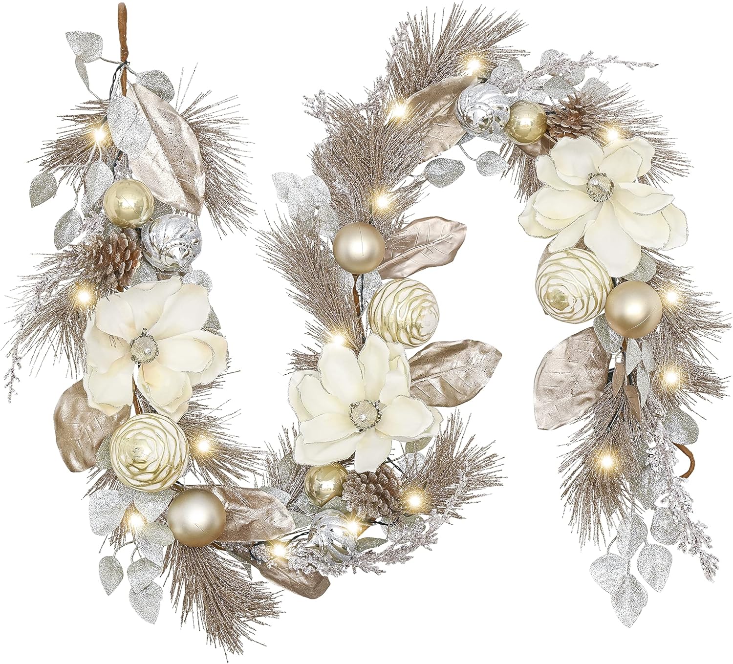 Valery Madelyn 6 Feet Pre-Lit Christmas Garland with Lights for Mantle, Lighted Outdoor Xmas Garland with White Gold Balls & Magnolia for Home Stairs Fireplace Table Centerpiece Indoor Holiday Decor