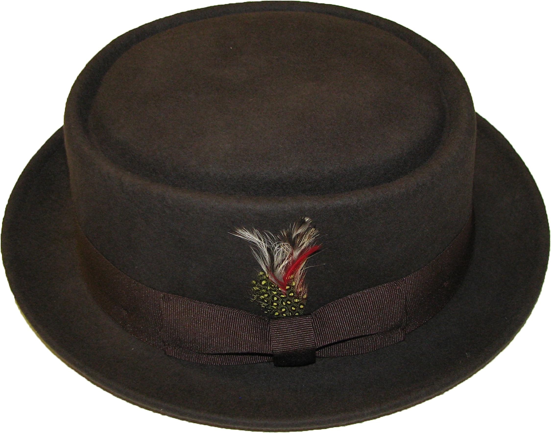 Unisex Superb Foldable Pork Pie Trilby Hat With Removable Feather and Matching Band 100% Wool Hand Made (S, BROWN)