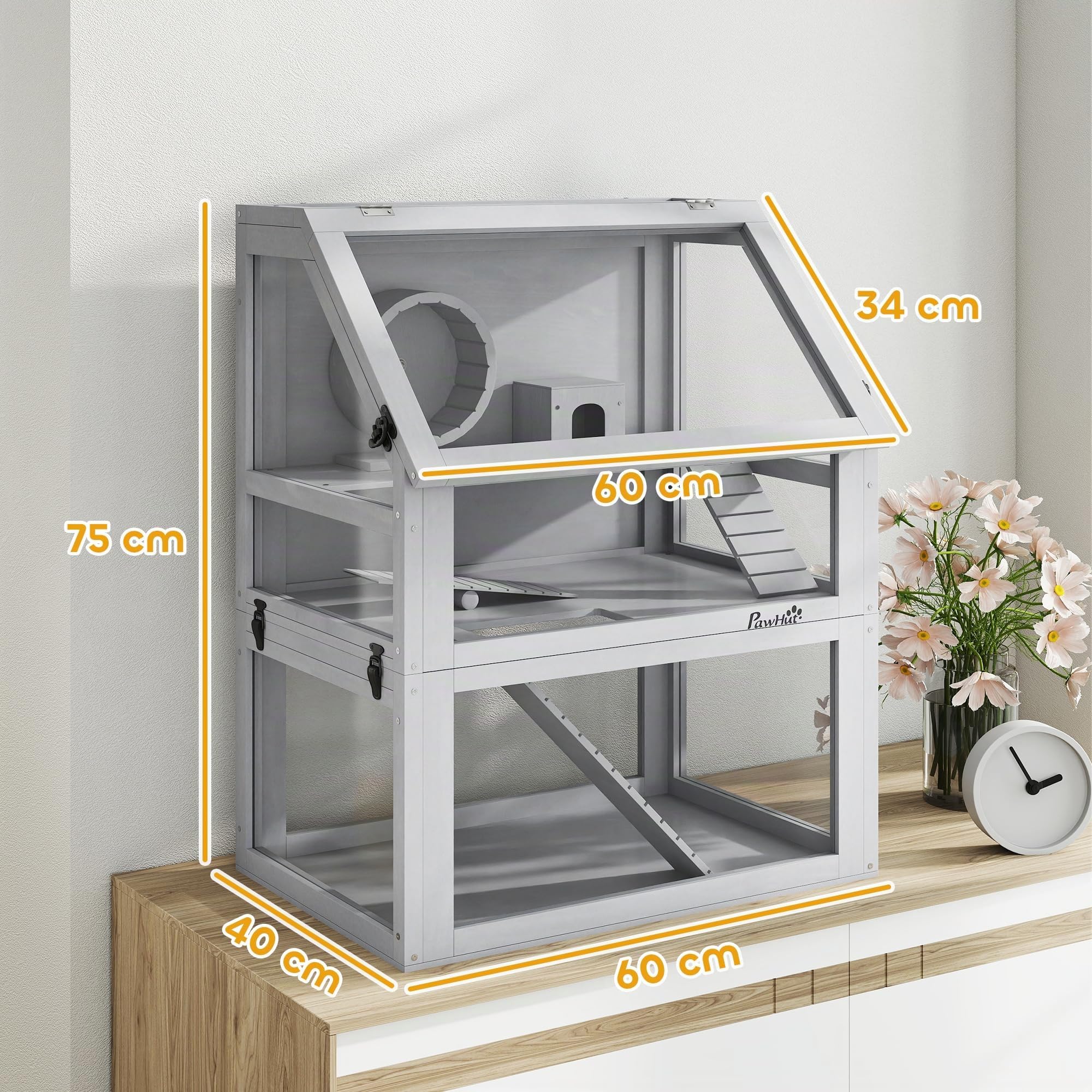 PawHut Jaula de madera para hámster de 3 niveles, color gris claro | Jaula de jerbo, parte inferior desmontable de 32 cm de profundidad, cabaña, balancín, rueda de ejercicio, rampas
