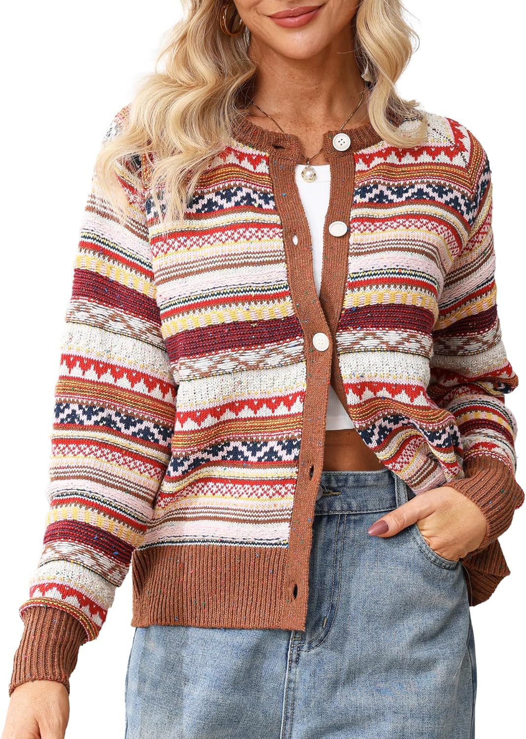 Ladyful Women's Striped Cardigan Sweaters Button Down Chunky Knit Color Block Long Sleeve Tops Fair Isle Sweater Coats
