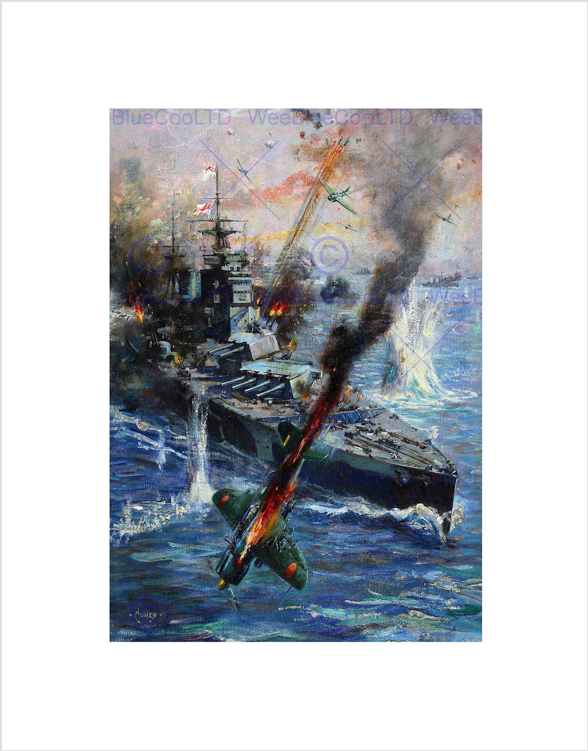 Wee Blue Coo WAR SCENE BOMBER FIGHTER BATTLESHIP COMBAT CUNEO UK FRAMED ART PRINT B12X9748