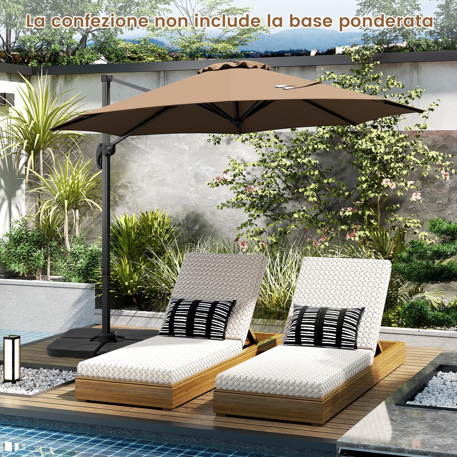 COSTWAY Ombrellone a Cantilever da Giardino 294 cm, Rotazione 360° e 5 Angoli Regolabili, 8 Stecche Base a Croce, Impermeabile, per Cortile Piscina Esterno (Marrone)