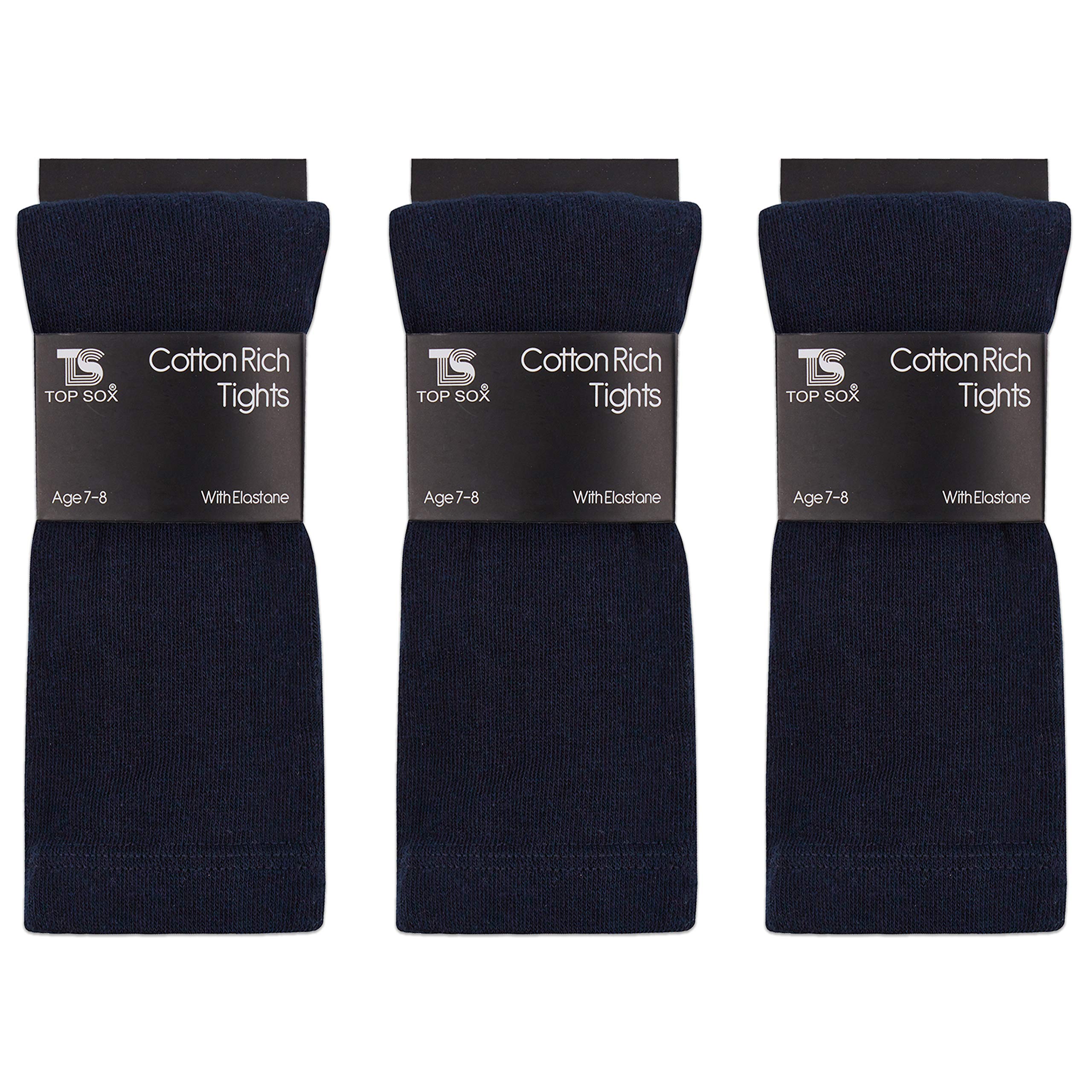 Top Sox Girls Navy Childrens 3 Pairs Plain Tights Back To School Everyday Cotton Rich Leggings 3-4
