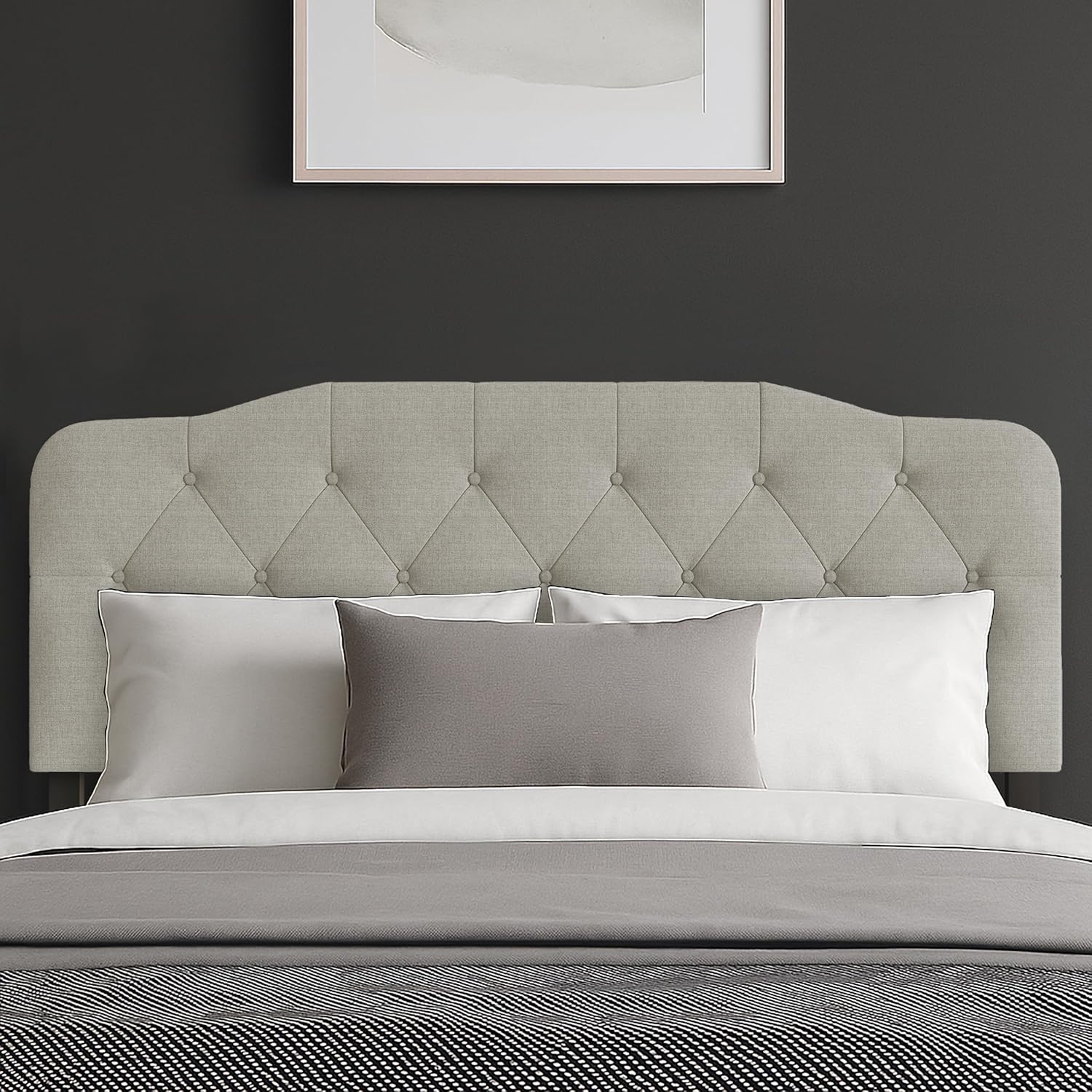 HOME DESIGN Angela King Size Button-Tufted Upholstered Headboard, Adjustable Height, Foam Padding, Easy Assembly, Warm Gray