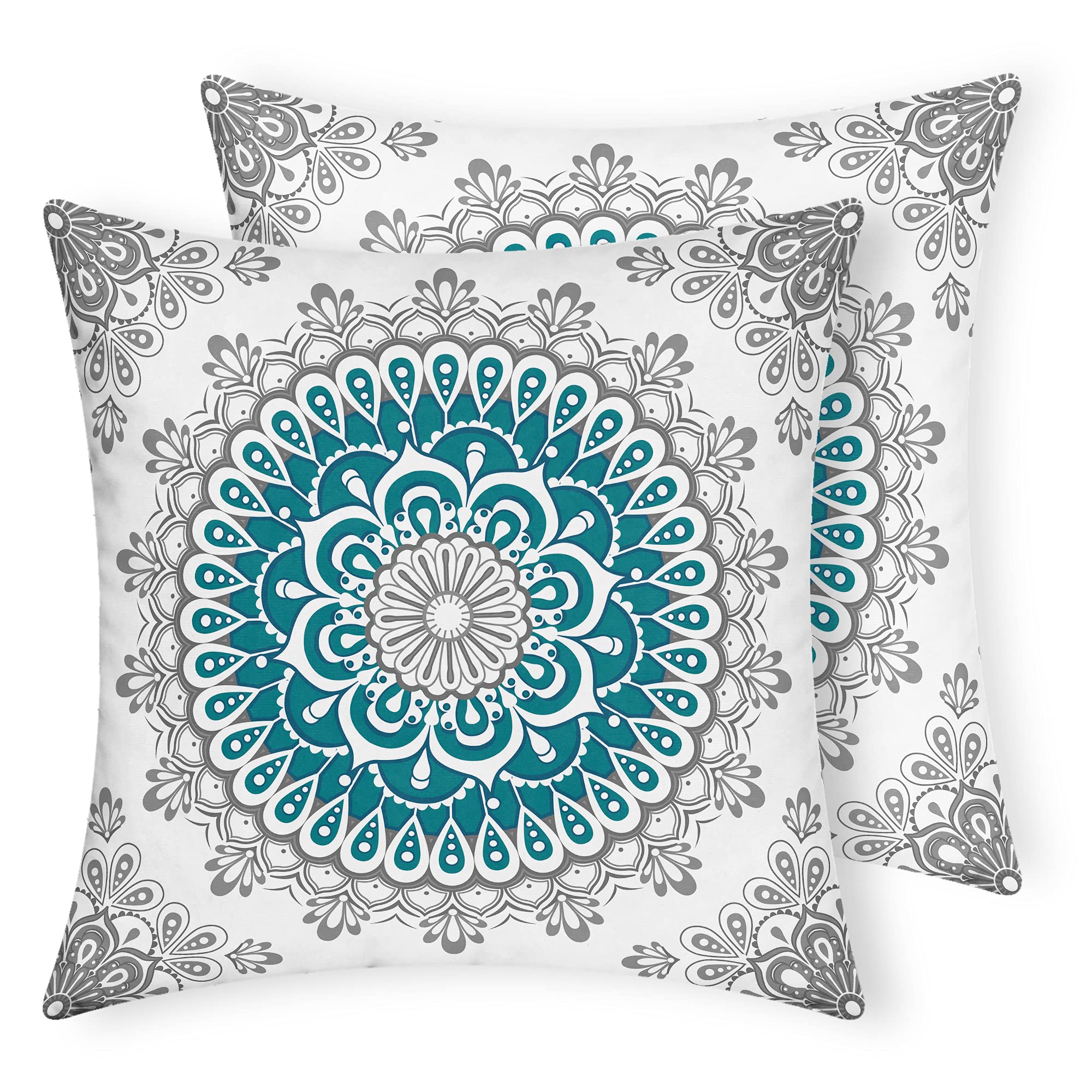 Miomao Set of 2 Cozy Throw Pillow Covers Dahlia Floral Medallion Mandala Style Cushion Case for Sofa Couch Bed Chair Decoration 18 X 18 Inches Teal Grey