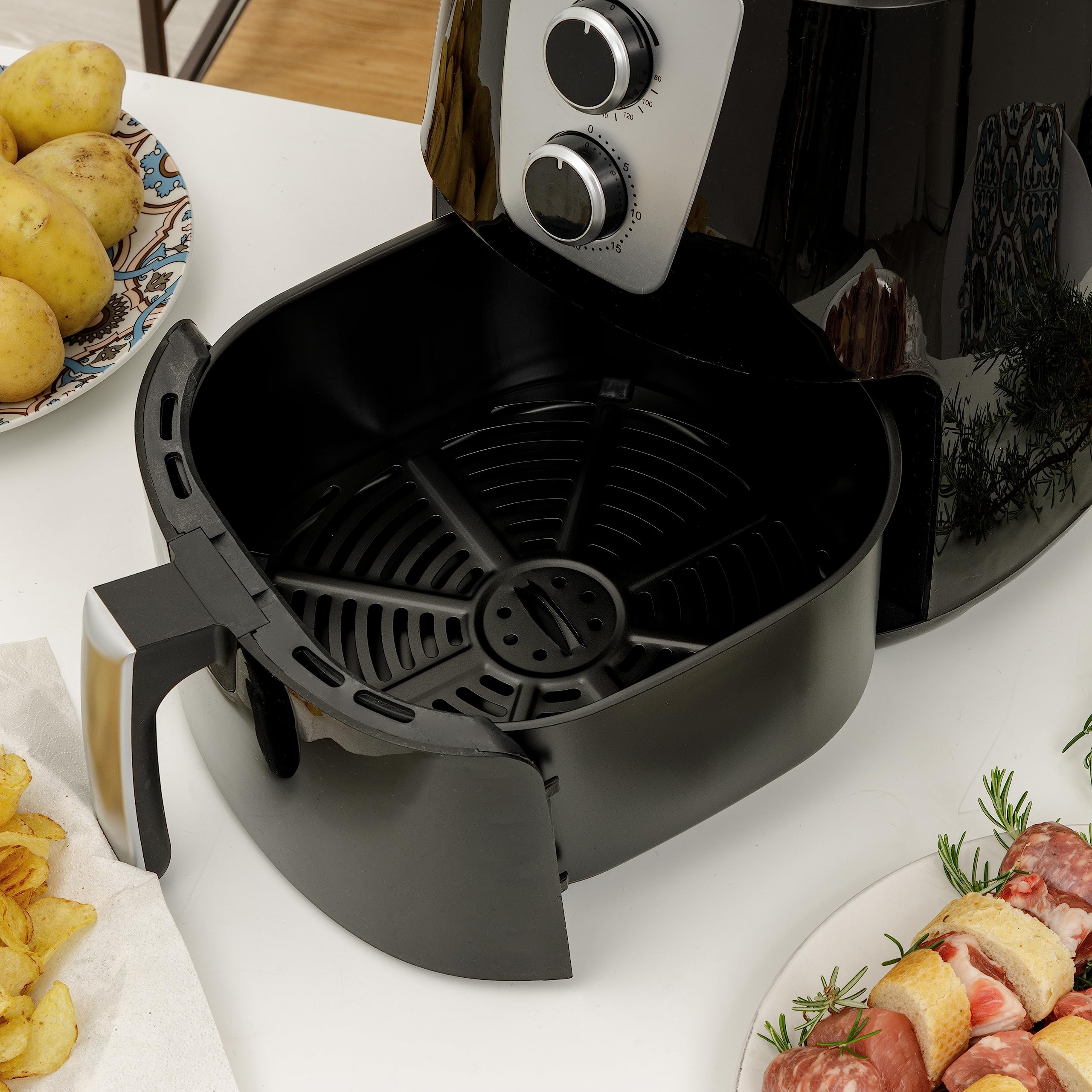 Baroni Home Friggitrice ad Aria Calda Senza Olio con Cestello Antiaderente, Air Fryer con Termostato Regolabile fino a 200°, Capacità 5,2 Lt, 1300 Watt, 37x27x25 cm