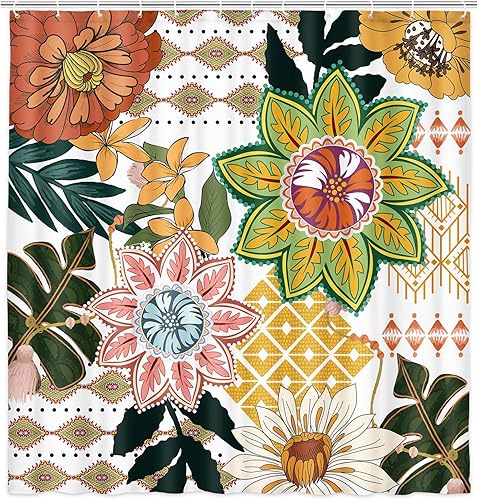 Miniatura 5 de Cortina de ducha bohemia floral para baño, abstracta de mediados de siglo, decoración bohemia, cortinas de baño, flores botánicas, hojas tropicales,