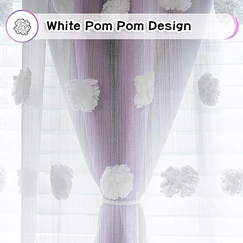 Miniatura 4 de MYSKY HOME Cortinas rosas de 95 pulgadas, cortinas moradas para dormitorio de niños pequeños, cortinas opacas de doble capa con pompones blancos