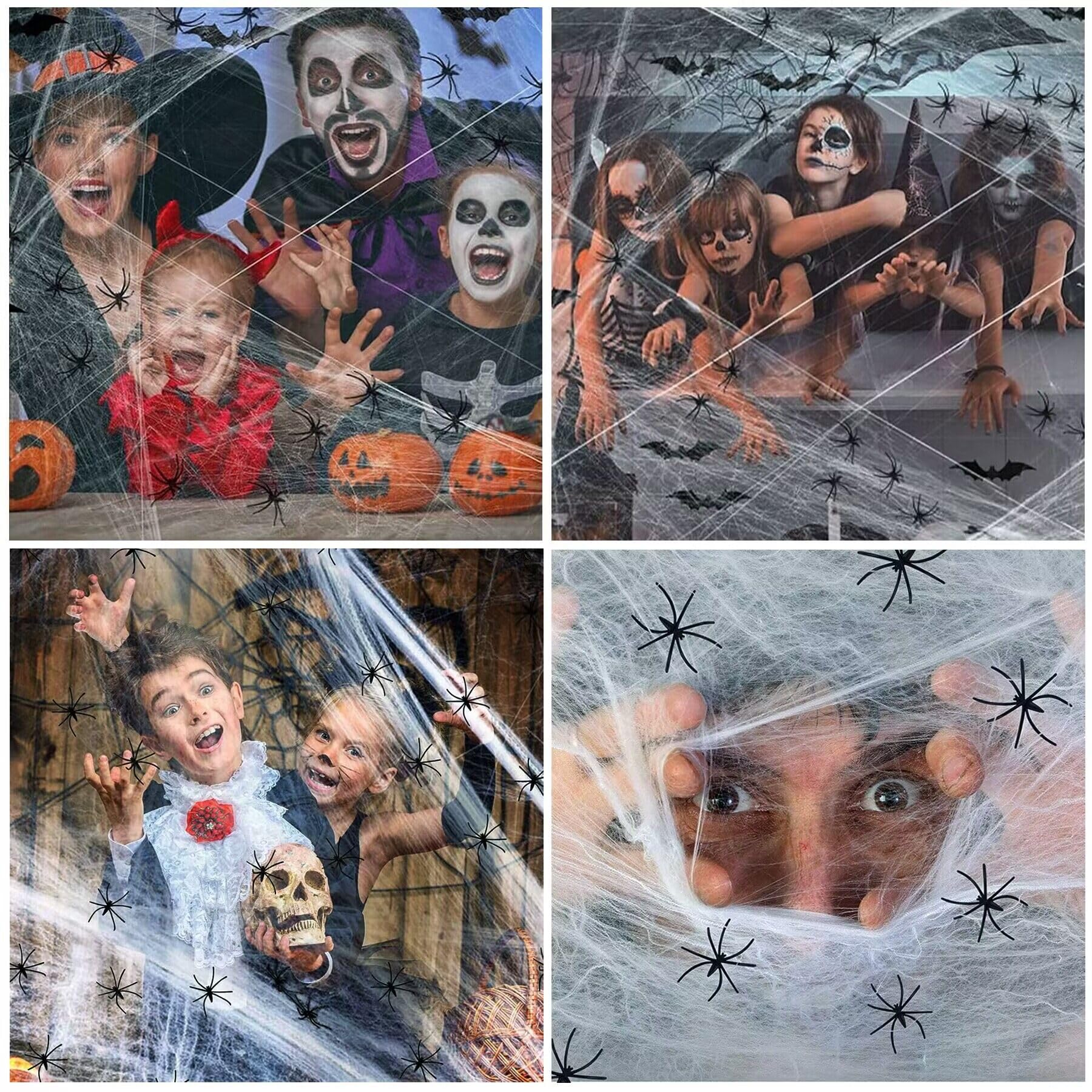 Telarañas Decorativas De Halloween,Tela De Araña Elástica 100g con 30 Arañas Falsas para Halloween Decoración Interior Y Exterior