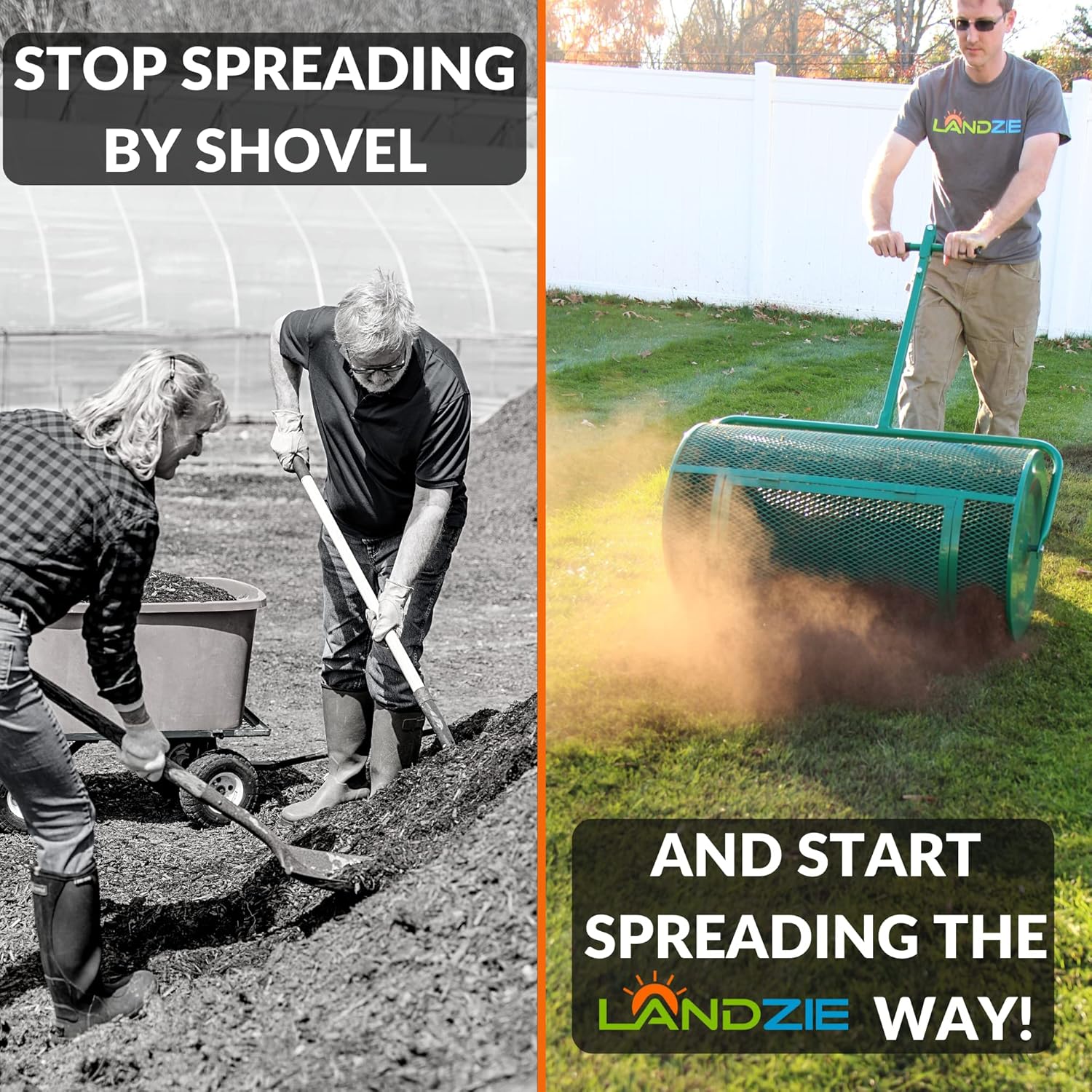 Landzie Lawn & Garden Spreaders - 24 Inch Heavy Duty Metal Mesh Basket Push Spreader - Compost, Peat Moss, Top Soil, Mulch - Durable Lightweight Multi-Purpose Yard Care Equipment - Manure Spreader : Patio, Lawn & Garden