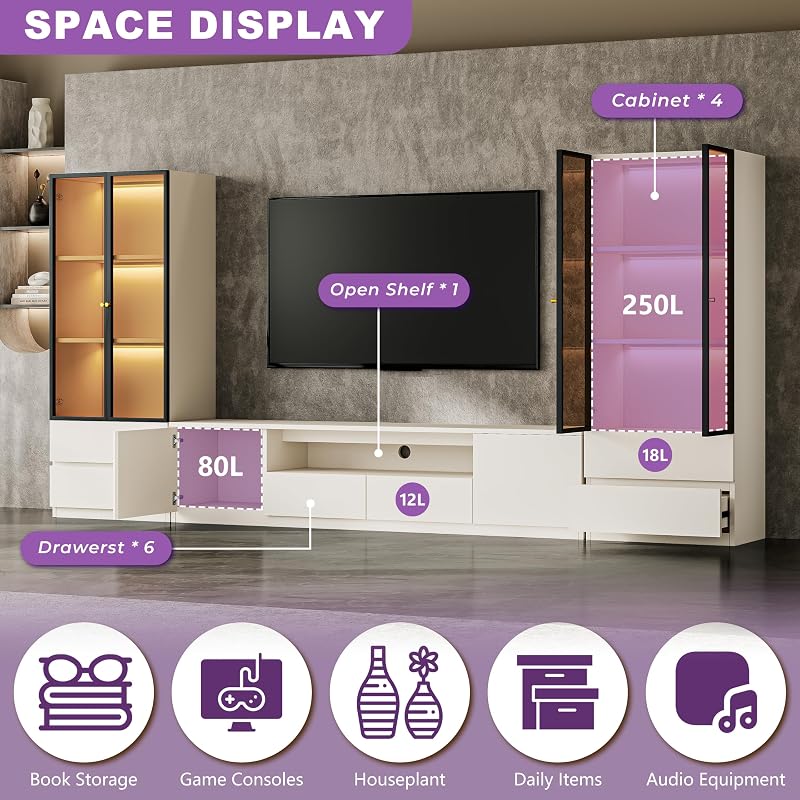 126" White Modern Entertainment Center with Bookshelves for 75 inch TVs image 4