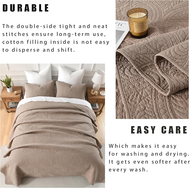 Homzard Quilt King Size Bedding Set, 100% Cotton Mocha Brown King Size Comforter Set,Coin Pattern Bedspread Set,Solid Modern Bedding Coverlet 3 Piece Bed Set, All Season image 6