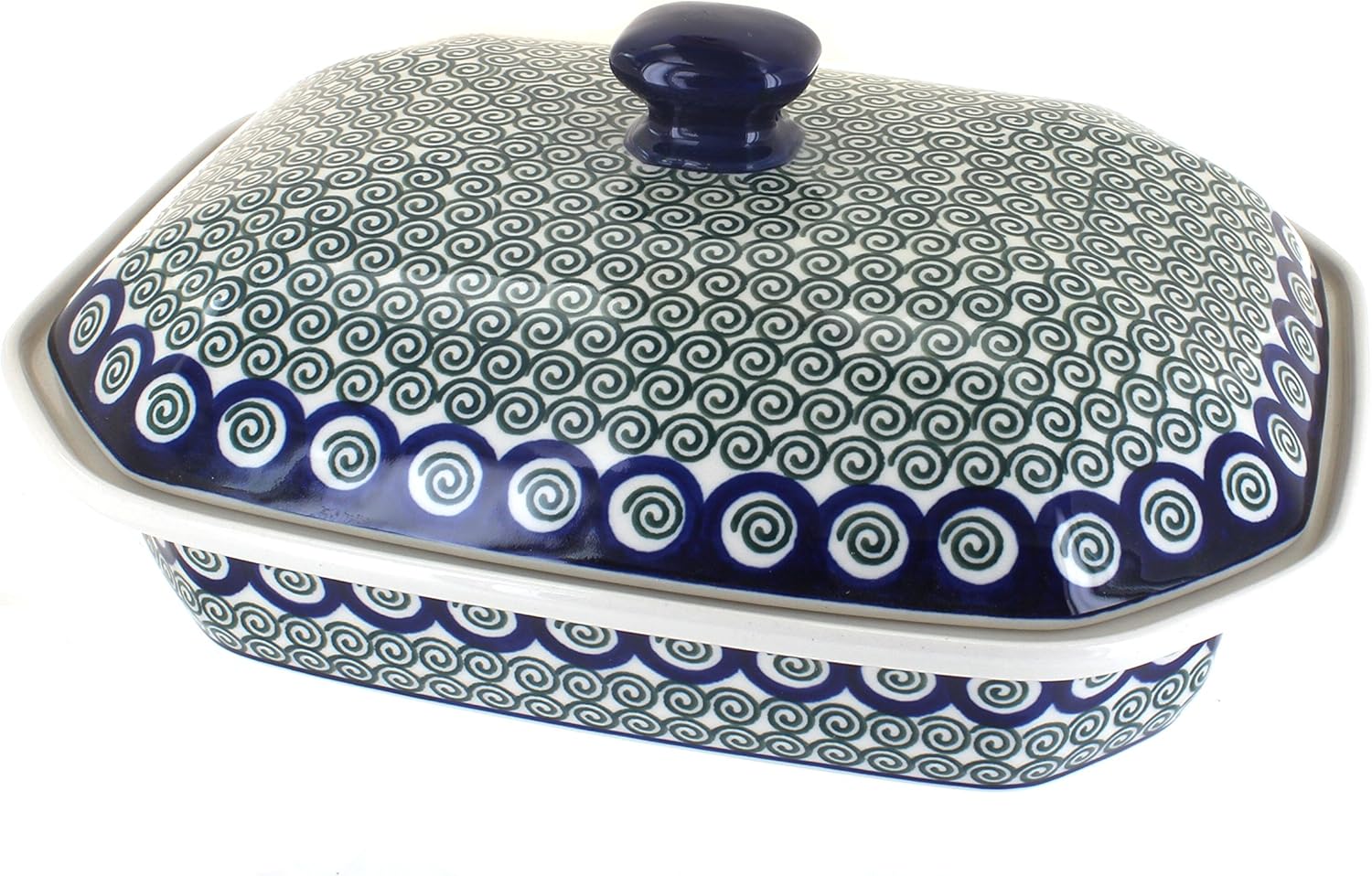 Blue Rose Polish Pottery - Green Peacock Swirl Large Covered Baker - 6 Cup Capacity - Unique, Dishwasher Safe, & Durable Bakeware