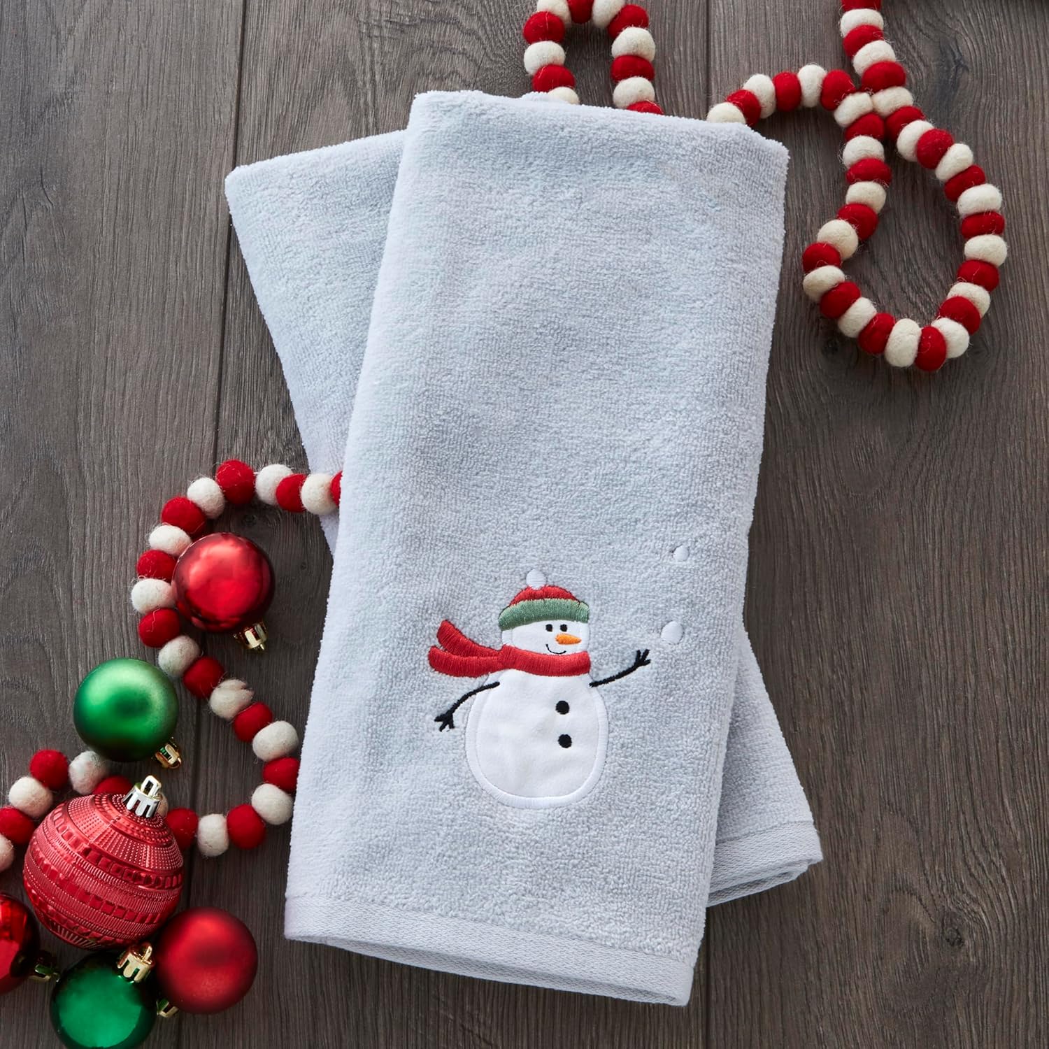 SKL Home Christmas/Winter Snowman with Snowballs Hand Towel 2pc Set for Bath/Kitchen & Gift, Gray - Image 3