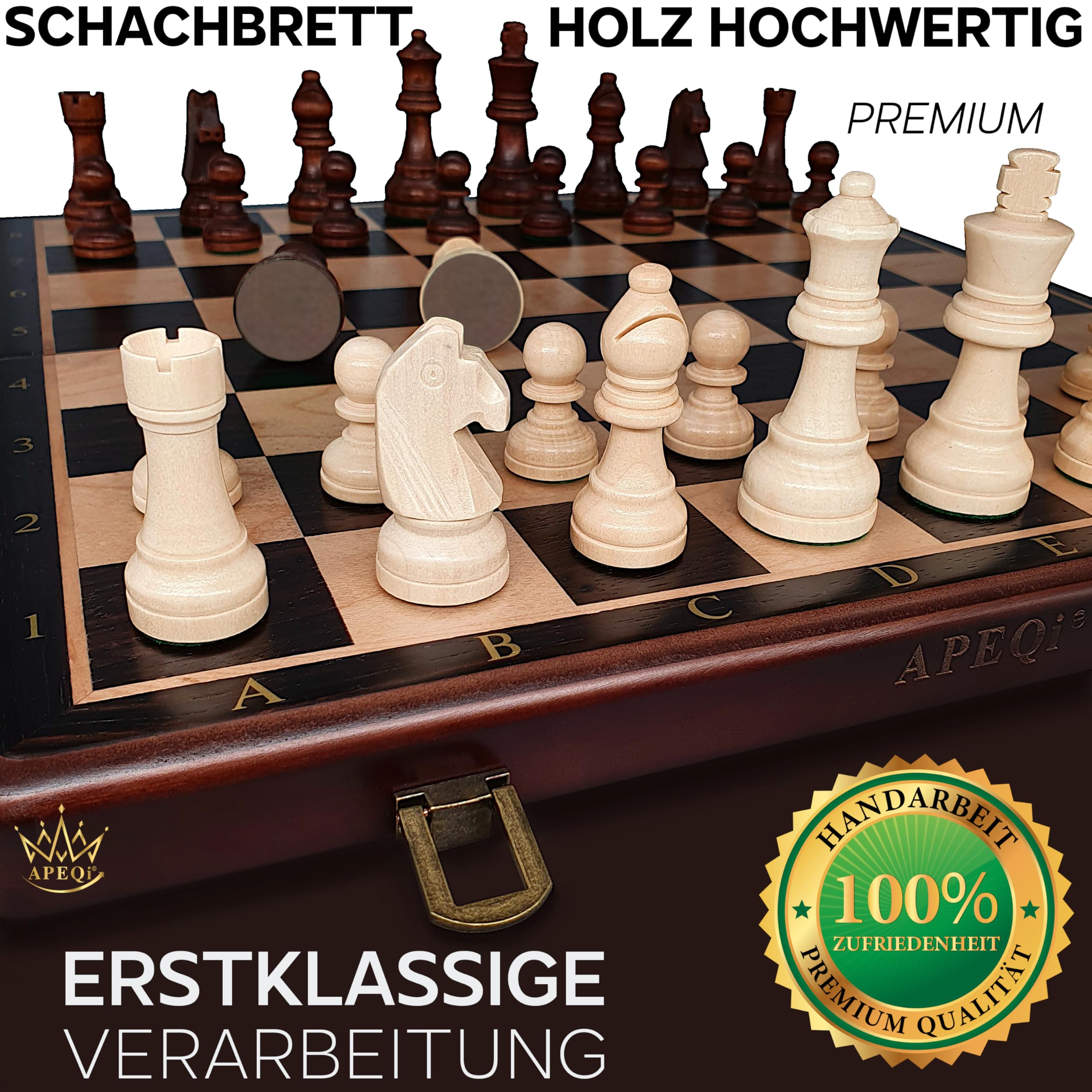 APEQi® Premium Schach MAGNETISCH - Schachspiel Holz HOCHWERTIG - [38x38cm], Massivholz, 2 EXTRA-Damen, Geschenkidee - Schachbrett Holz hochwertig - Chess Board 34 Schachfiguren Reiseschach magnetisch