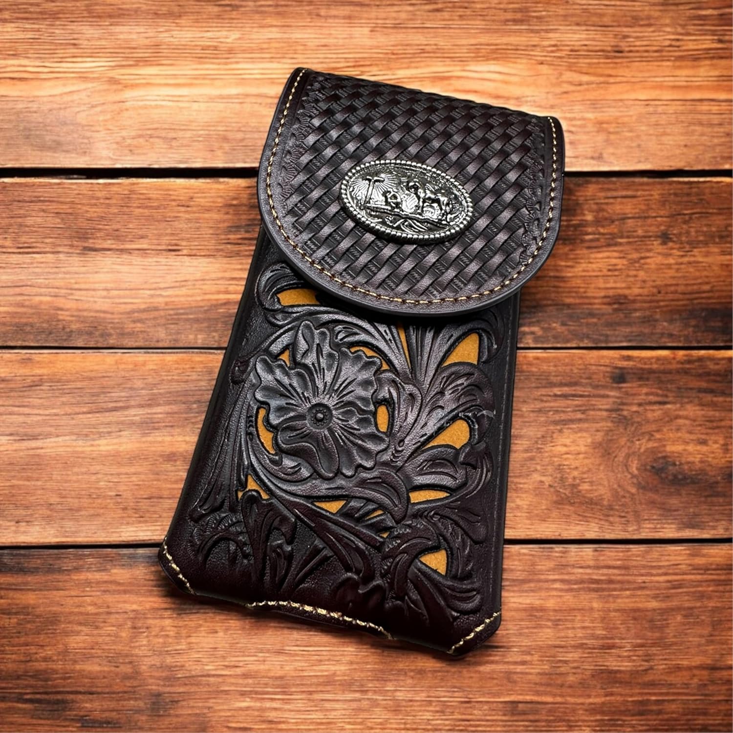 Western Leather Phone Holster – Laser Cut Floral Design with Cowboy Praying at Cross Concho – Belt Loop Carry Case for Smartphones