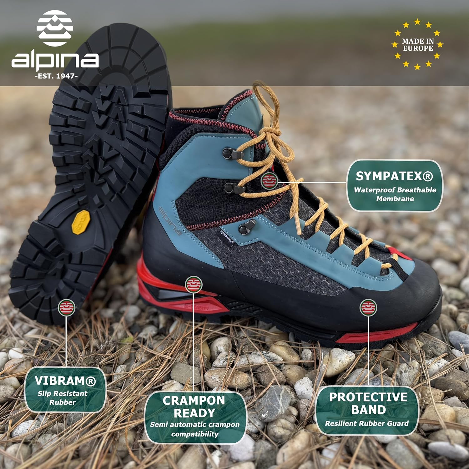 Alpina CARABINER Mountaineering Hiking Boot | 8 inch Waterproof Trekking & Climbing Shoes | Sympatex Breathable Membrane | VCP Variable Fit | Neoprene Collar | All Weather Grip from Vibram | Made in Europe
