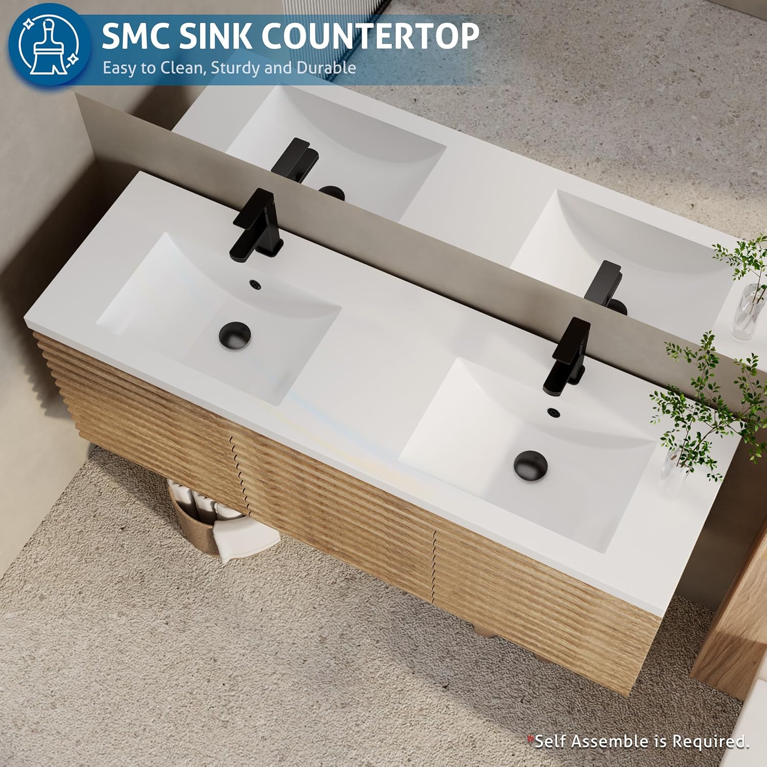 eclife 60" Floating Bathroom Vanity with Sink Combo Mid-Century Wall Mounted Cabinet with Wood Stripes Decor, Drawers, Undermount Double Sink, Faucet, Drain, Light Walnut