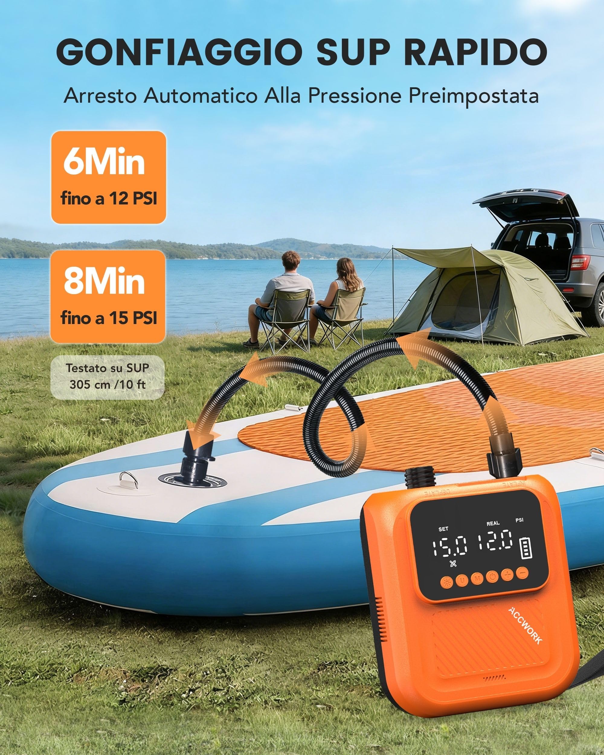 Accwork Pompa SUP Ricaricabile 20 Psi – Arresto Automatico, Gonfiare/Sgonfiare Pompa Batteria Elettrico Gonfiatore Materassi Gonfiabili, 7 Ugelli Per Sup, Canoa, Barca, Tenda, Kayak Gonfiabile