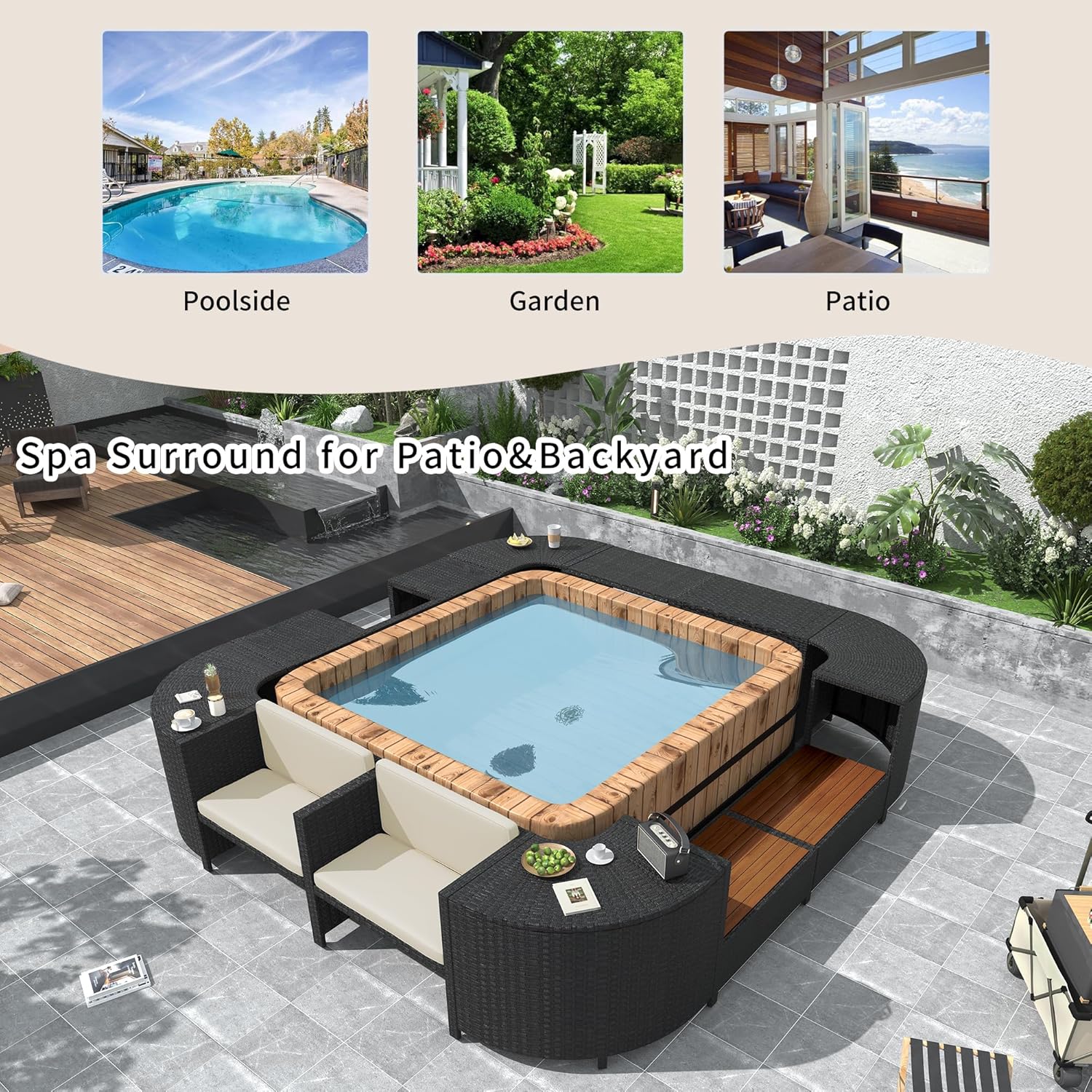 P PURLOVE Spa Surround, Quadrilateral Patio Rattan Sofa Set with Storage Spaces, Mini Sofa, Wooden Seats and Comfortable Cushions for Patio, Backyard (Beige)