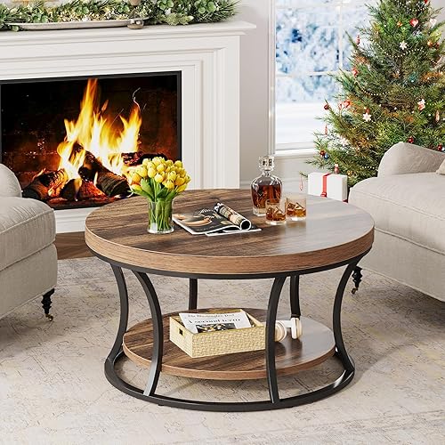 Miniatura 6 de Mesa de centro redonda para sala de estar, mesa auxiliar circular de 2 niveles con almacenamiento, mesa central decorativa de diseño moderno, marrón