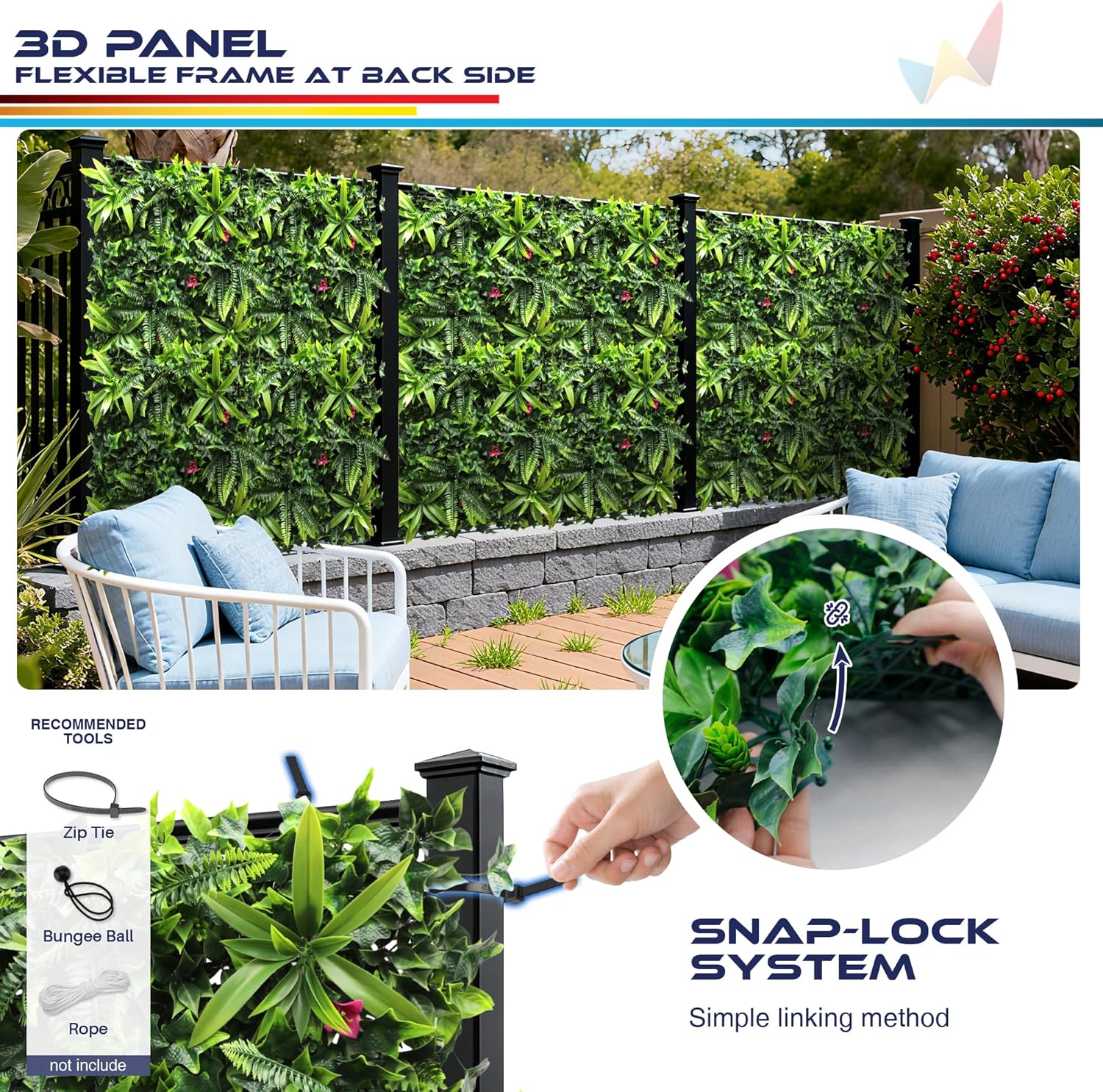 Windscreen4less 3 PCS 20"x20" Artificial Boxwood Panels Faux Plant Grass Green Wall Panel Decoration for Outdoor Indoor Garden Backyard (Style 7)