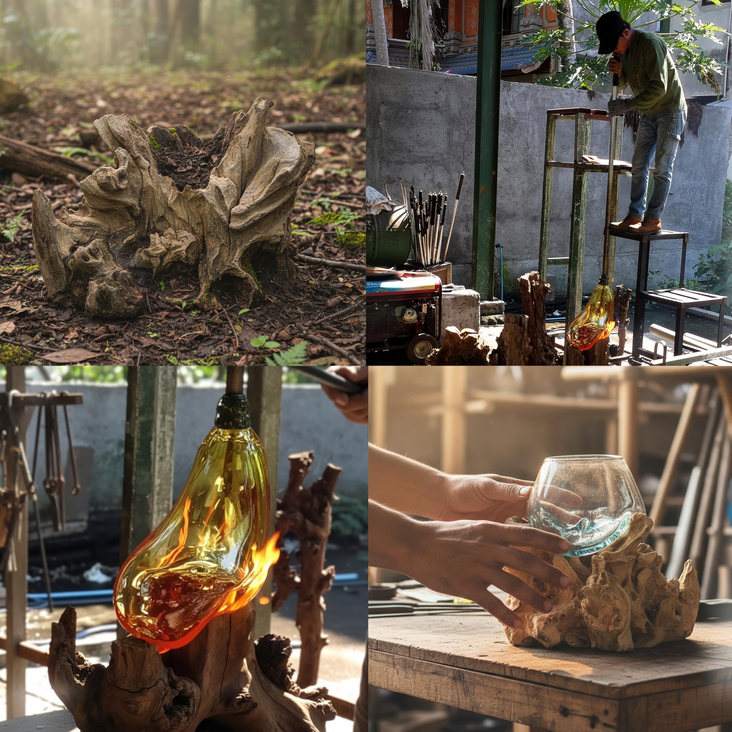 ART-CRAFT Handgefertigte Gamalwurzel mit 2 mundgeblasenen Recyclingglas-Schalen, Natur-Unikat, nachhaltige Wurzelholzkunst, ca. 40x20x20 cm, Vase, Terrarium, Einzelstück, Deko für Wohnzimmer