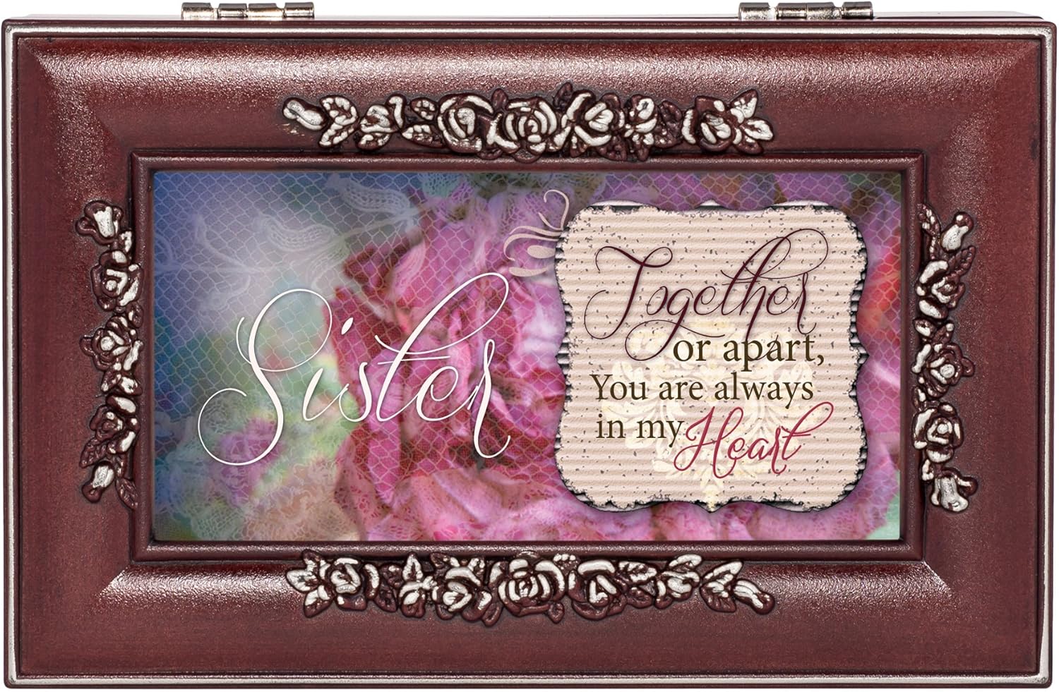 Cottage Garden Sister Always in My Heart Rosewood Finish Embossed Jewelry Music Box - Plays Tune Canon in D