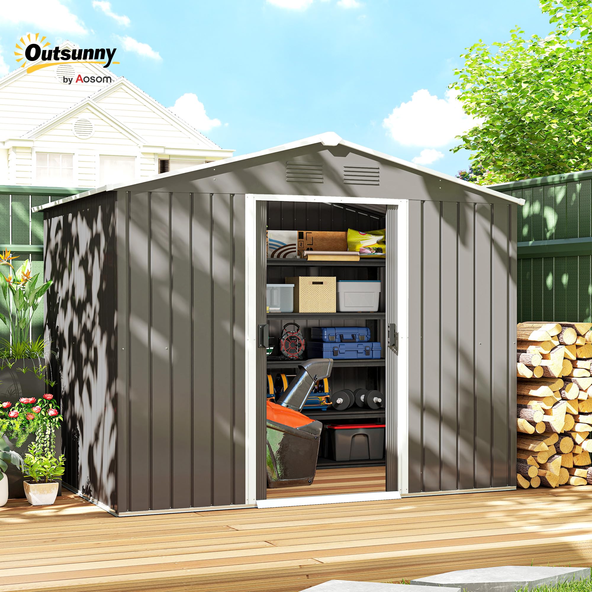 Outsunny Casetta da Giardino 3.6m² in Acciaio Zincato con Prese d'Aria, Capanno da Giardino con Tetto Inclinato, Doppie Porte Scorrevoli Bloccabili, Capanno Porta Attrezzi, 236x174x190cm, Grigio
