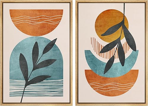 IDEA4WALL Lienzo enmarcado para pared, juego de arte de polígono naranja, azul, pastel, plantas forestales, ilustraciones con formas abstractas,