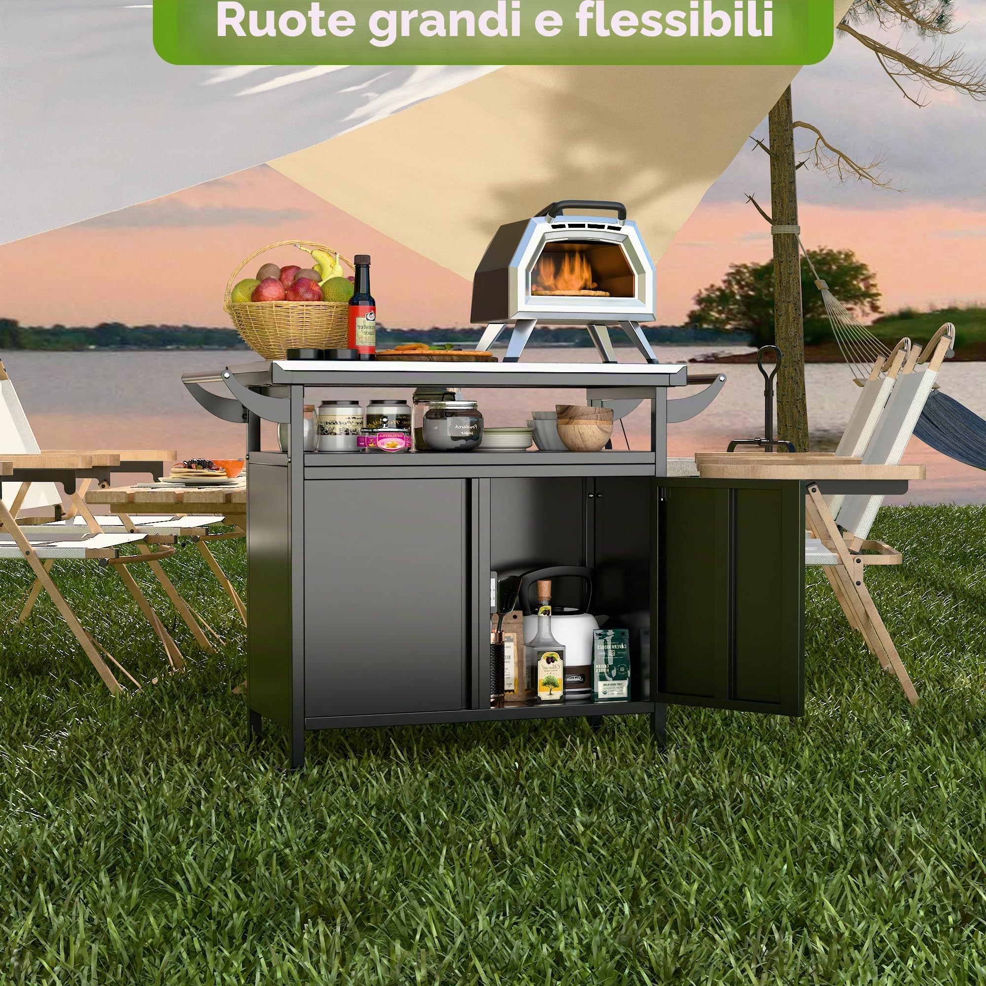 SUPEER Carrello per barbecue, tavolo per pizza con 4 ruote, 304 piani in acciaio inox, carrello per barbecue, carrello da servizio all'aperto, trolley da giardino