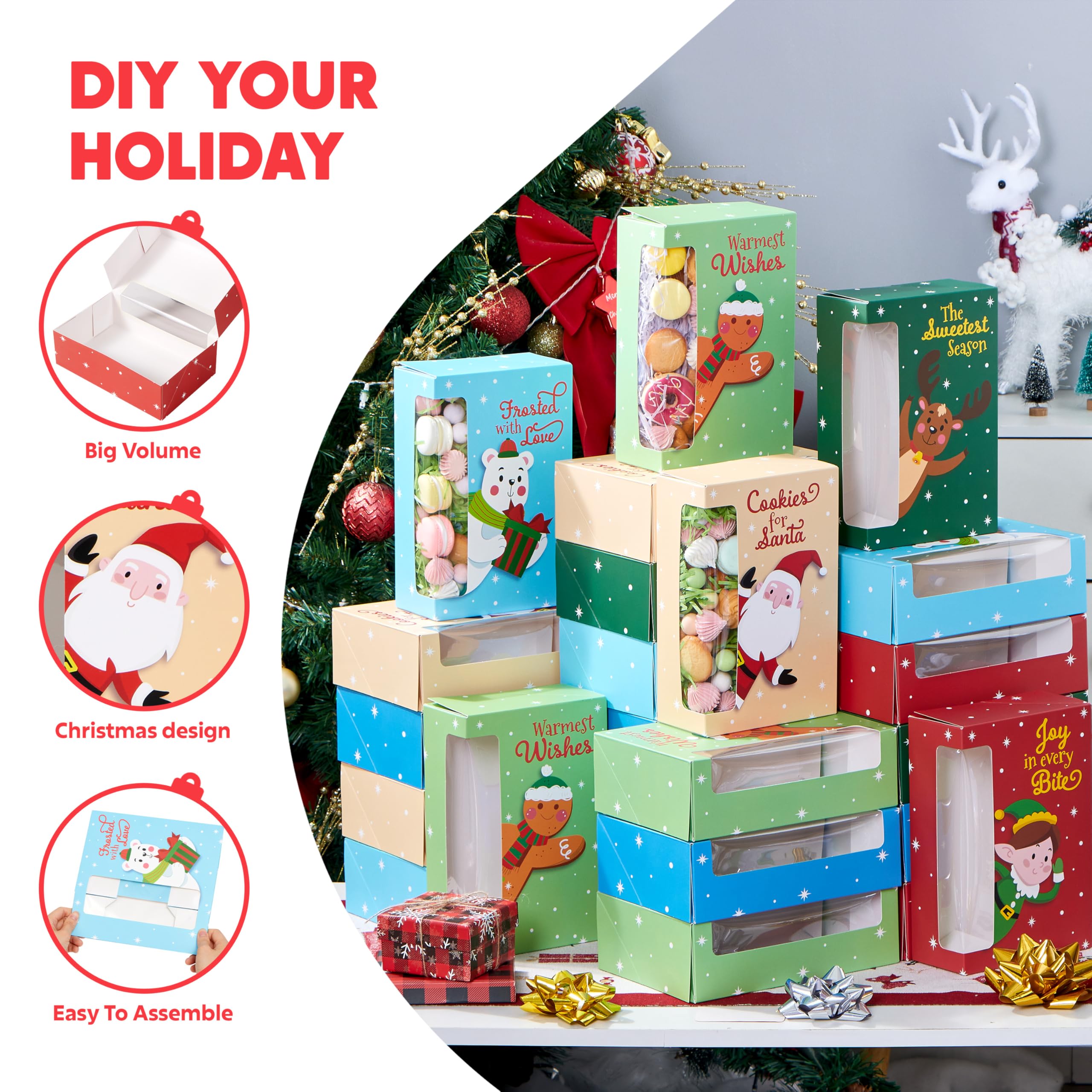 Boîtes à Biscuits Noël En Kraft - Lot De 24 Avec Fenêtre, 6 Modèles, 21.6x14.6x7 Cm - Pour Cadeaux Et Pâtisseries